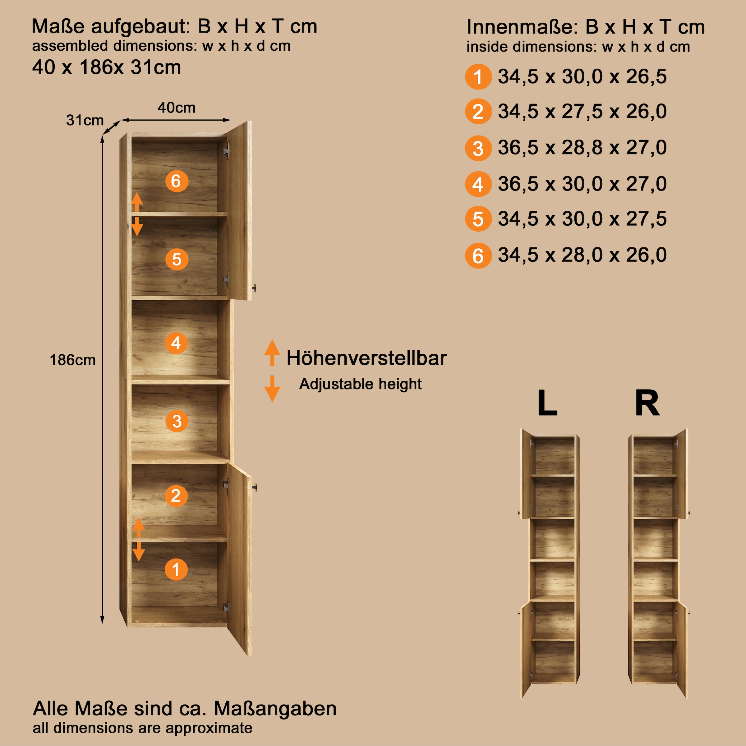welltime Hochschrank »Amrum« 1 Stk. tlg. Badezimmerschrank mit und ohne Schublade - (B/T/H) 40-70/31/186 cm