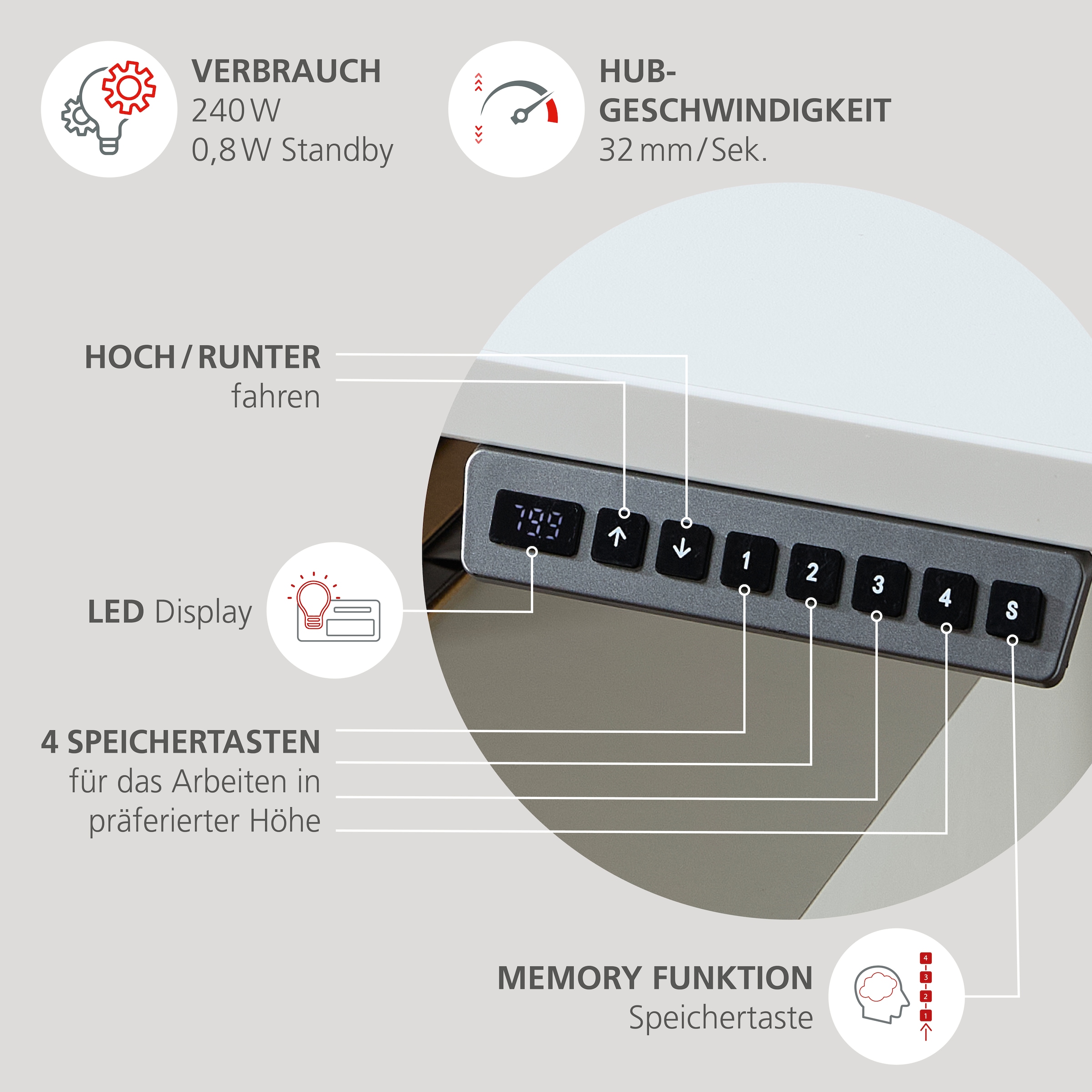 Innostyle Schreibtisch »Schreibtisch Santorin, 185/72/173 cm ( B/H/T)« 1 Stk. tlg. mit motor. Höhenverst. (72-120 cm) mit Memory-Funkt., li/re montierbar
