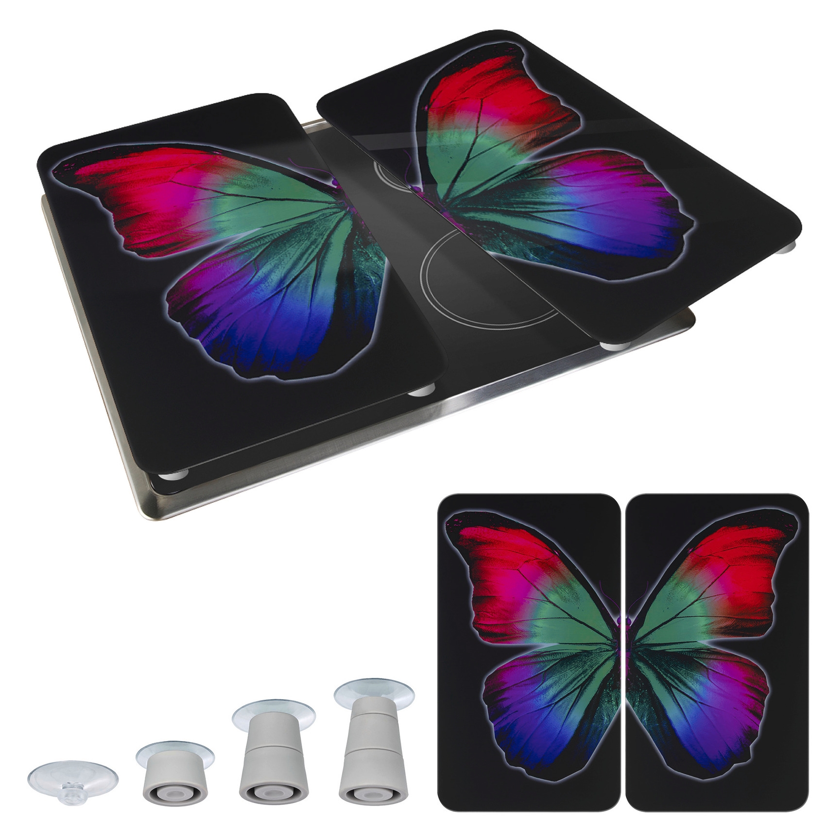 WENKO Herd-Abdeckplatte »Universal Modell Butterfly by Night«, (Set, 2 tlg.), Herdabdeckung für alle Herdarten, kratzfest, mit rutschfesten Füßen