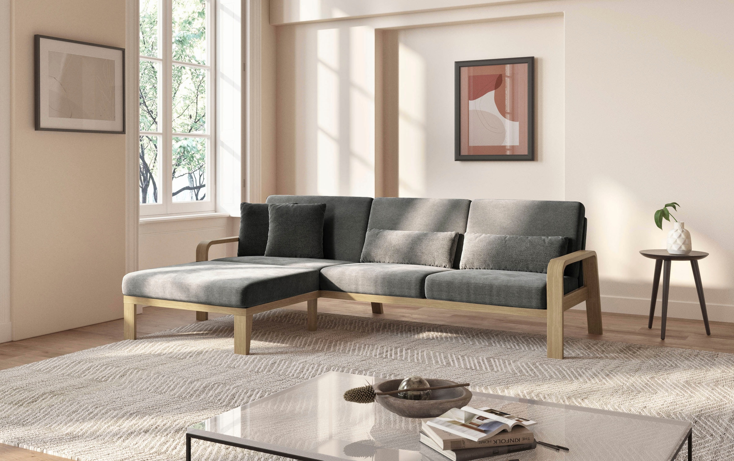 sit&more Ecksofa »Kolding L-Form«, Armlehnen aus Buchenholz in natur, verschiedene Bezüge und Farben