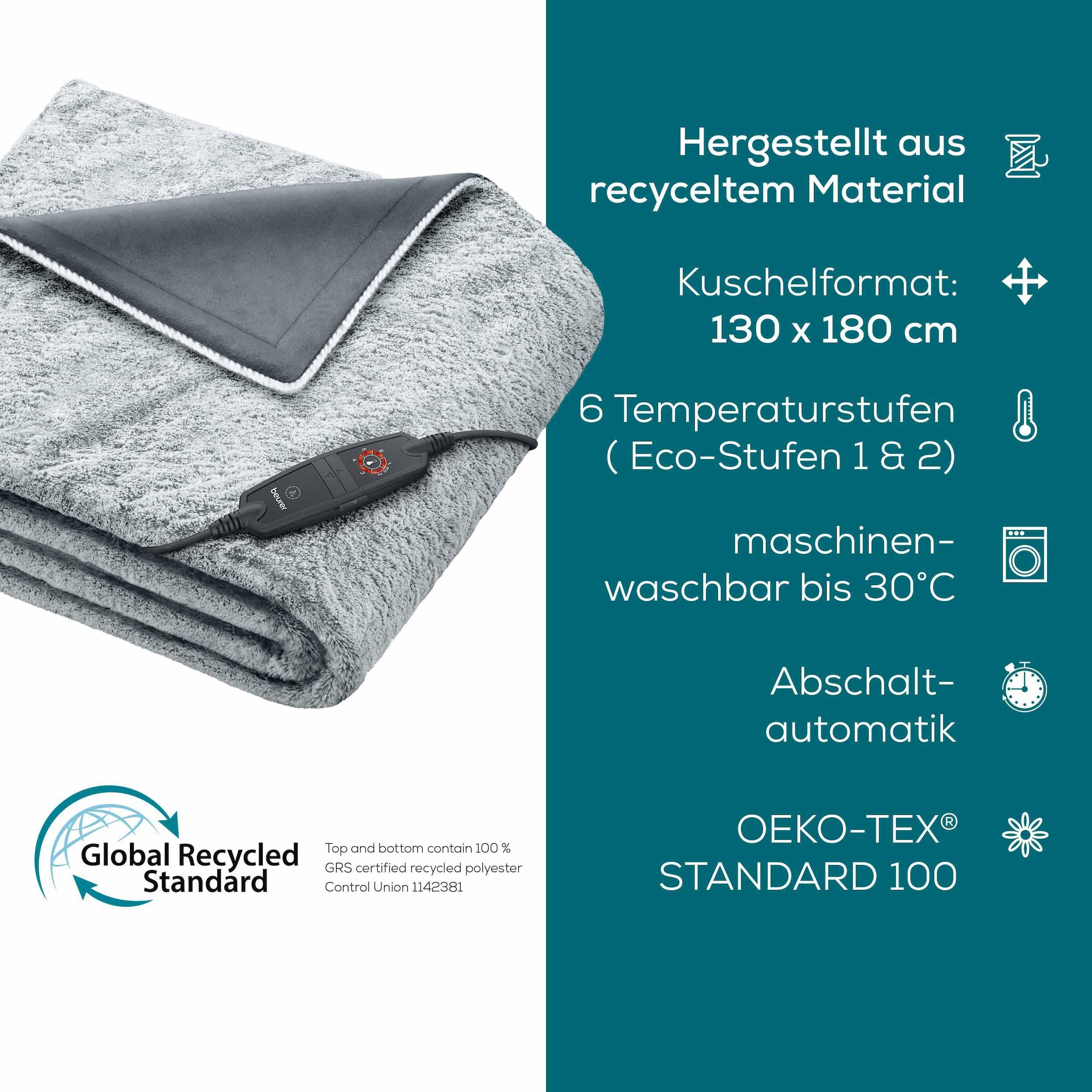 BEURER Heizdecke »HD 75 Nordic Grey Green Planet, aus recycelten Materialien« kuschelige Wärmedecke in Kunstfelloptik, mit 6 Temperaturstufen