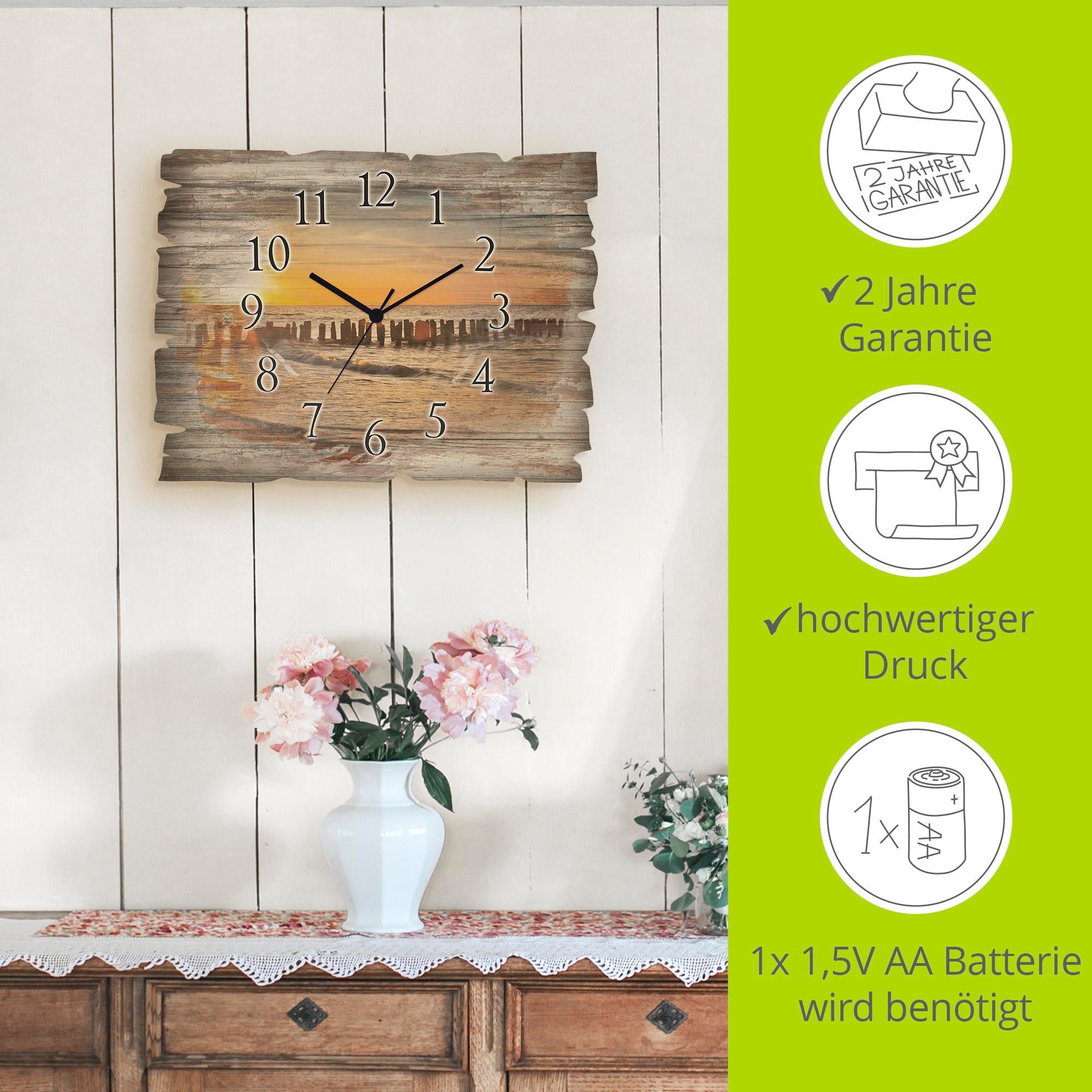 Artland Wanduhr »Schöner Sonnenuntergang am Strand« wahlweise mit  Quarz- oder Funkuhrwerk, lautlos ohne Tickgeräusche