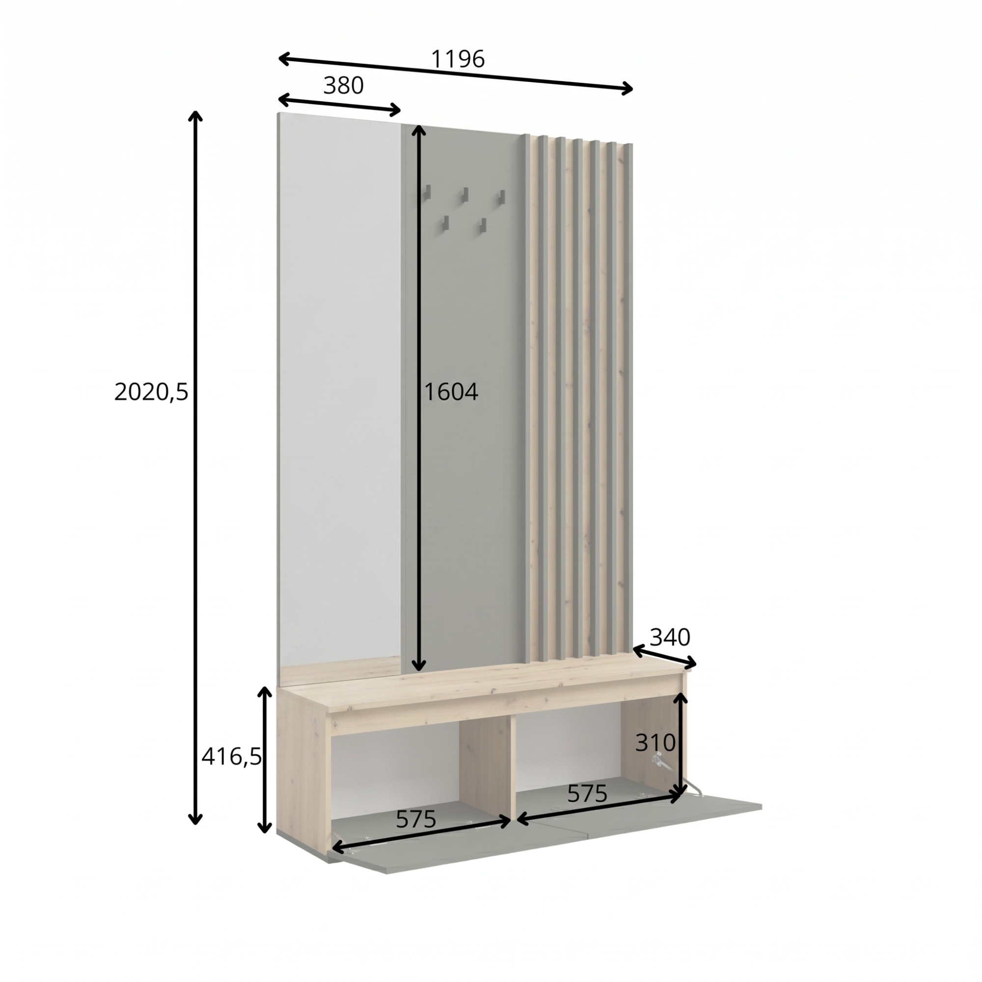 Home affaire Garderobenpaneel »LANDUVA Garderobe mit Schuhschrank, Spiegel und Haken, Breite 120 cm« Garderoben-Set, Kompaktgarderobe, mit Sitzbank, Lamellen Design