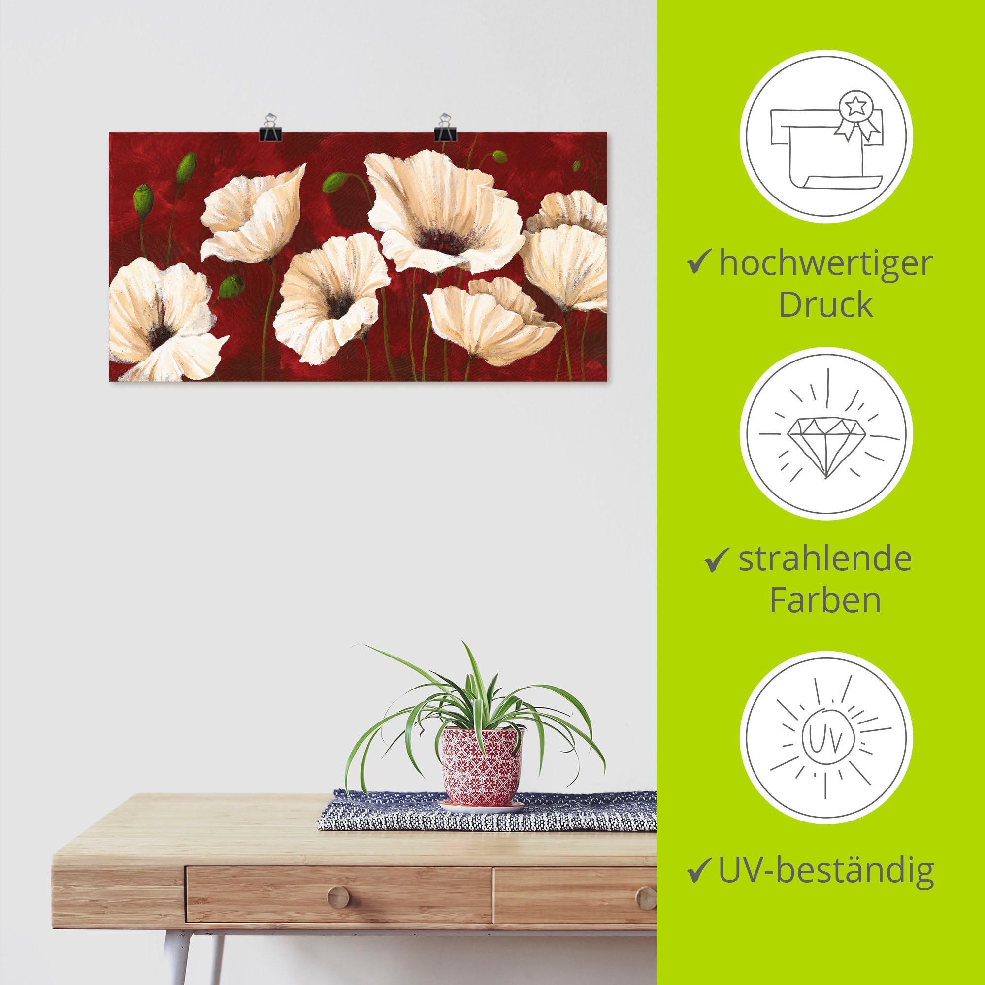Artland Wandbild »Weiße Mohnblumen vor rot« Blumen 1 Stk. tlg. als Leinwandbild, Poster in verschied. Größen