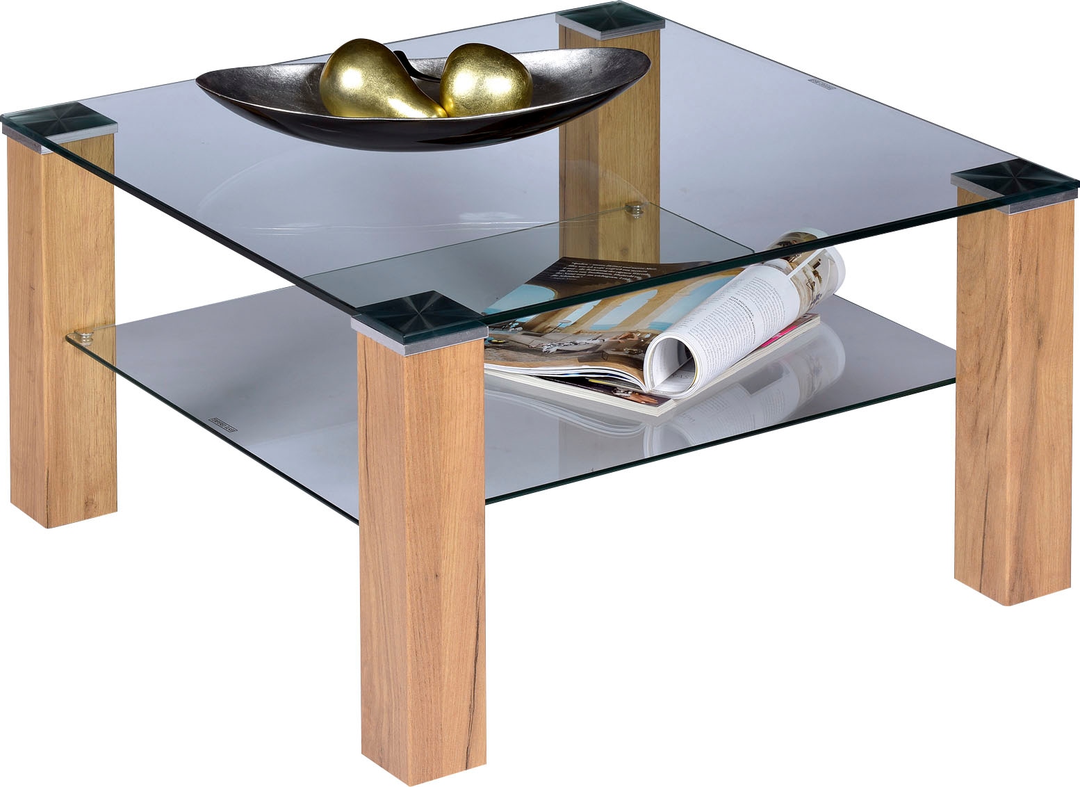 PRO Line Couchtisch, Ablageboden aus Gestell Raten quadratisch mit Glasplatte, Holz, Glas, auf aus kaufen