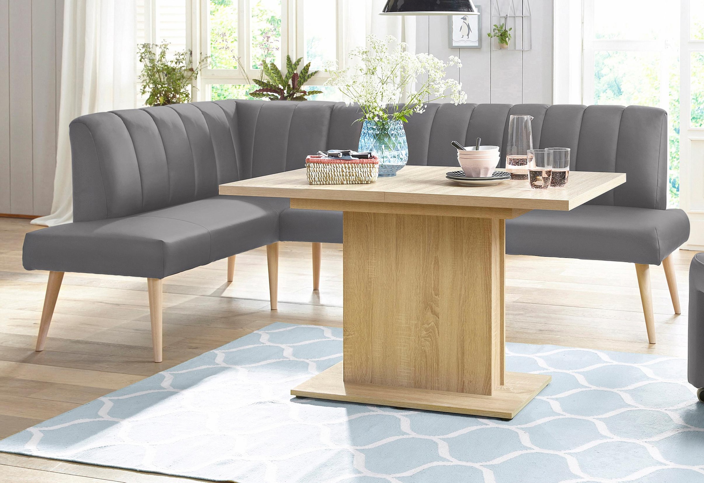exxpo - sofa fashion Eckbank »Costa, moderne Rückensteppung, bequem und elegant, hoher Holzfuß«, hochwertig verarbeitet, Frei im Raum stellbar