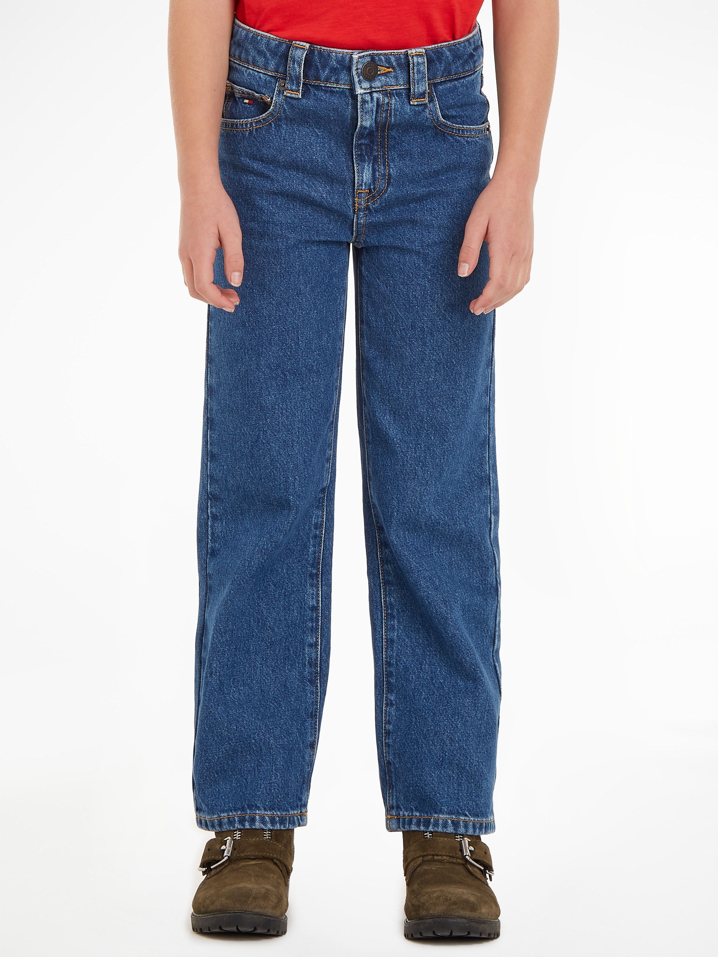 5-Pocket-Jeans bei Kids MiniMe,mit ♕ Bund Leder-Brandlabel Tommy hinteren BLUE«, MID Hilfiger »GIRLFRIEND Kinder Junior am