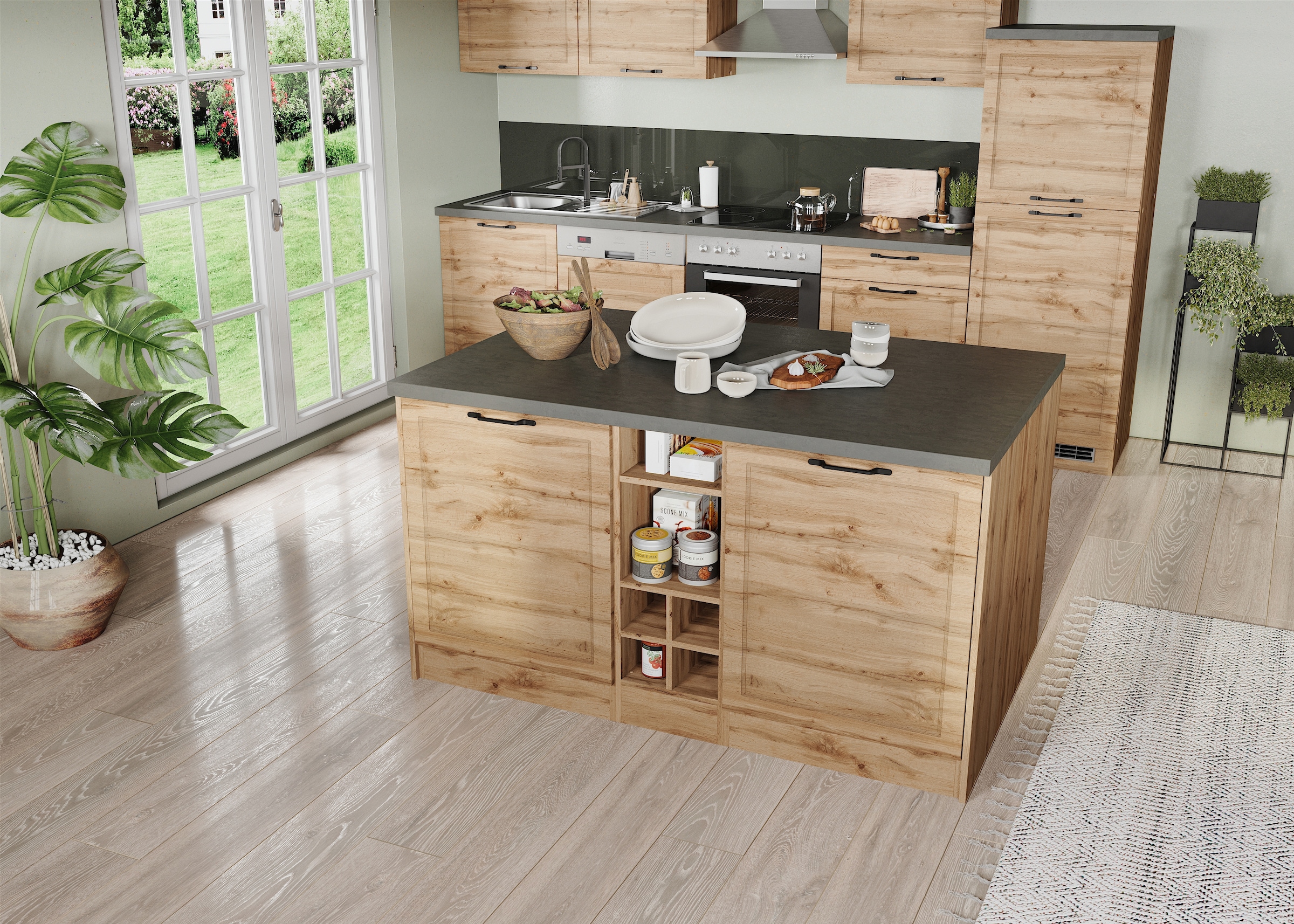 KOCHSTATION Kücheninsel »KS-Lani, Breite 153 cm, mit Flaschenregal«, MDF-Fronten, Arbeitsplatte 38mm stark