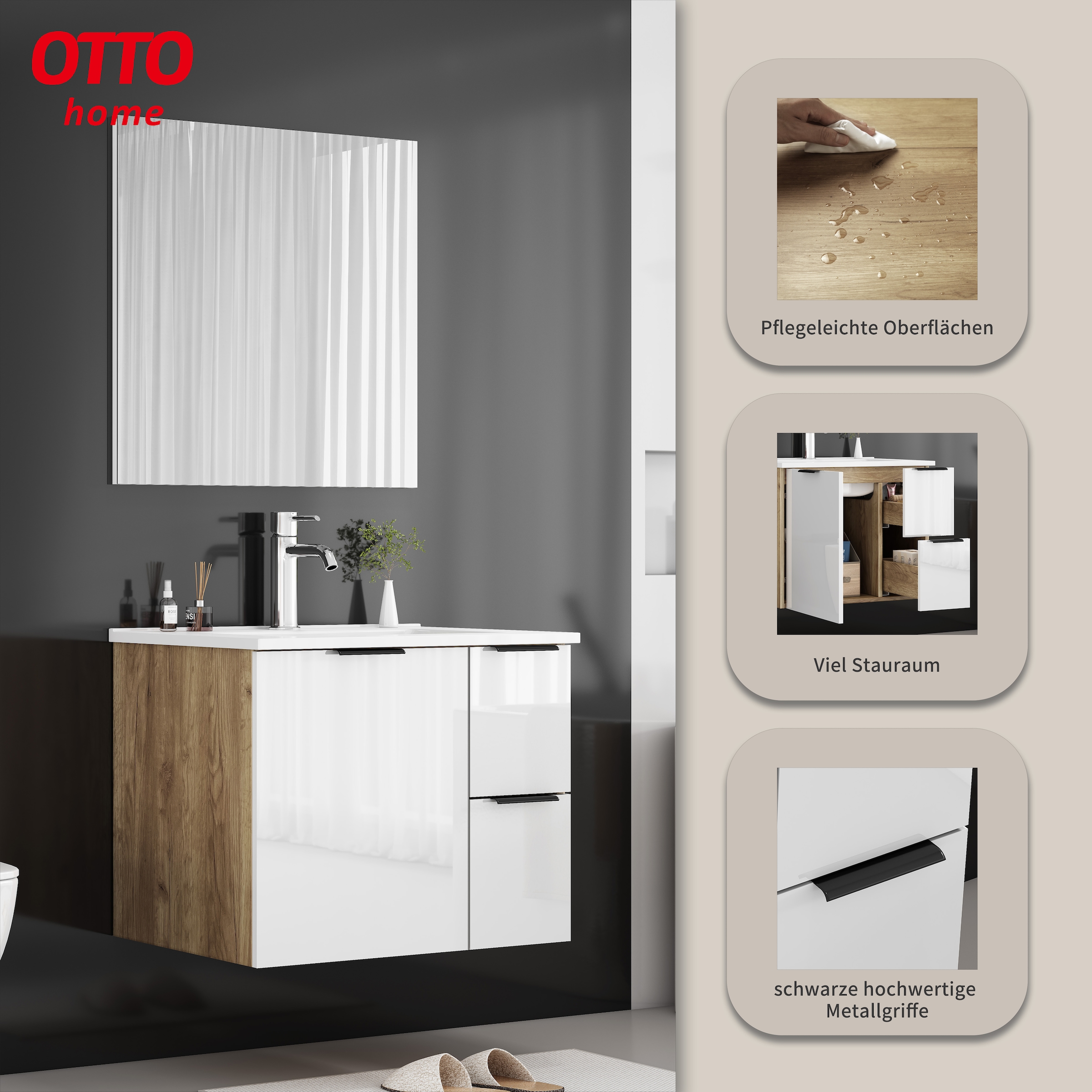 OTTO home Waschtisch »Picante« inkl. Keramikbecken, 60 und 80 cm, 1Tür + 2 Schubladen, wandhängend