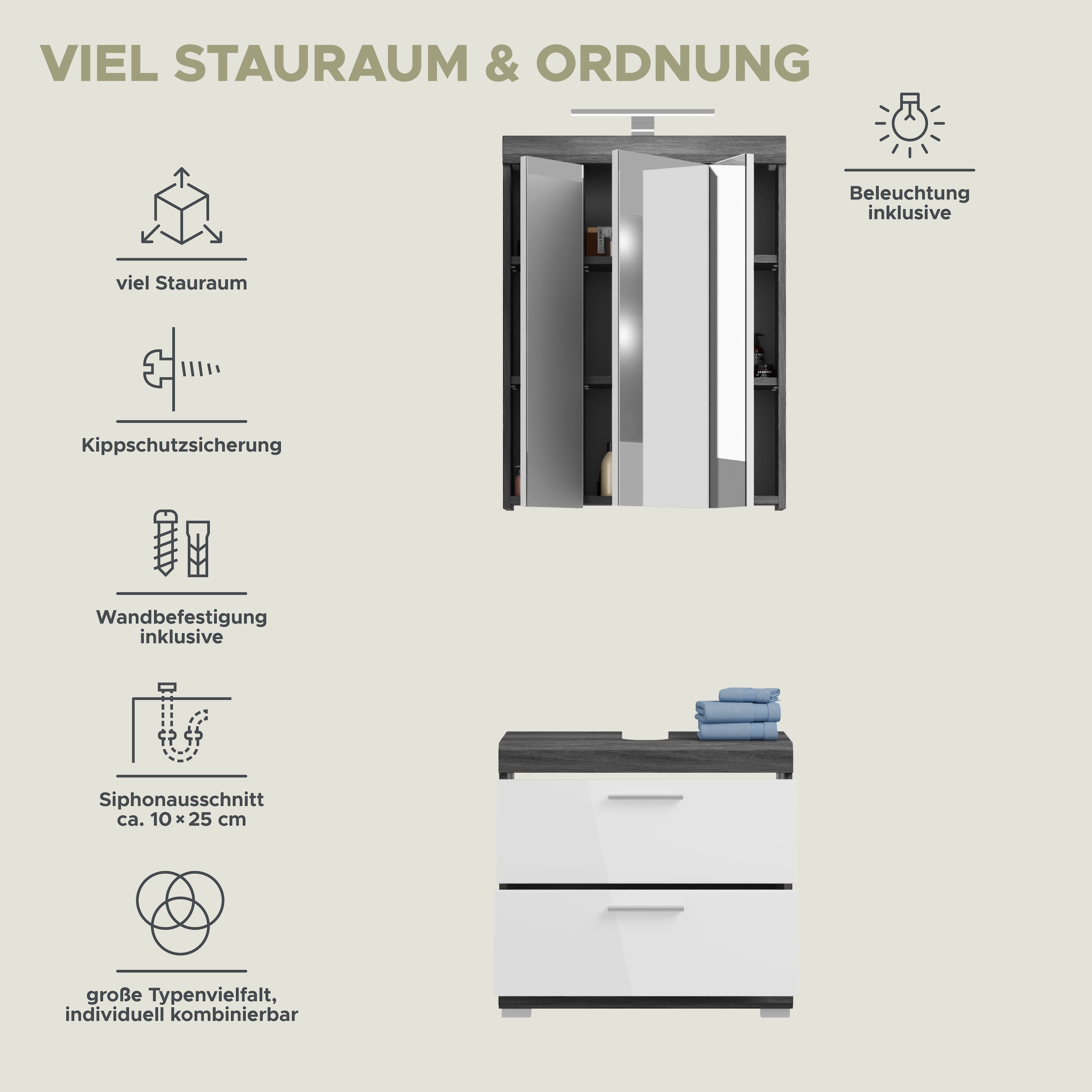 INOSIGN Badmöbel-Set »Siena, 2 teilig, inklusive LED Beleuchtung, bestehend aus:«, (Set, 2 St., TOPSELLER!), Waschbeckenunterschrank, Spiegelschrank, LED Badaufsatzleuchte