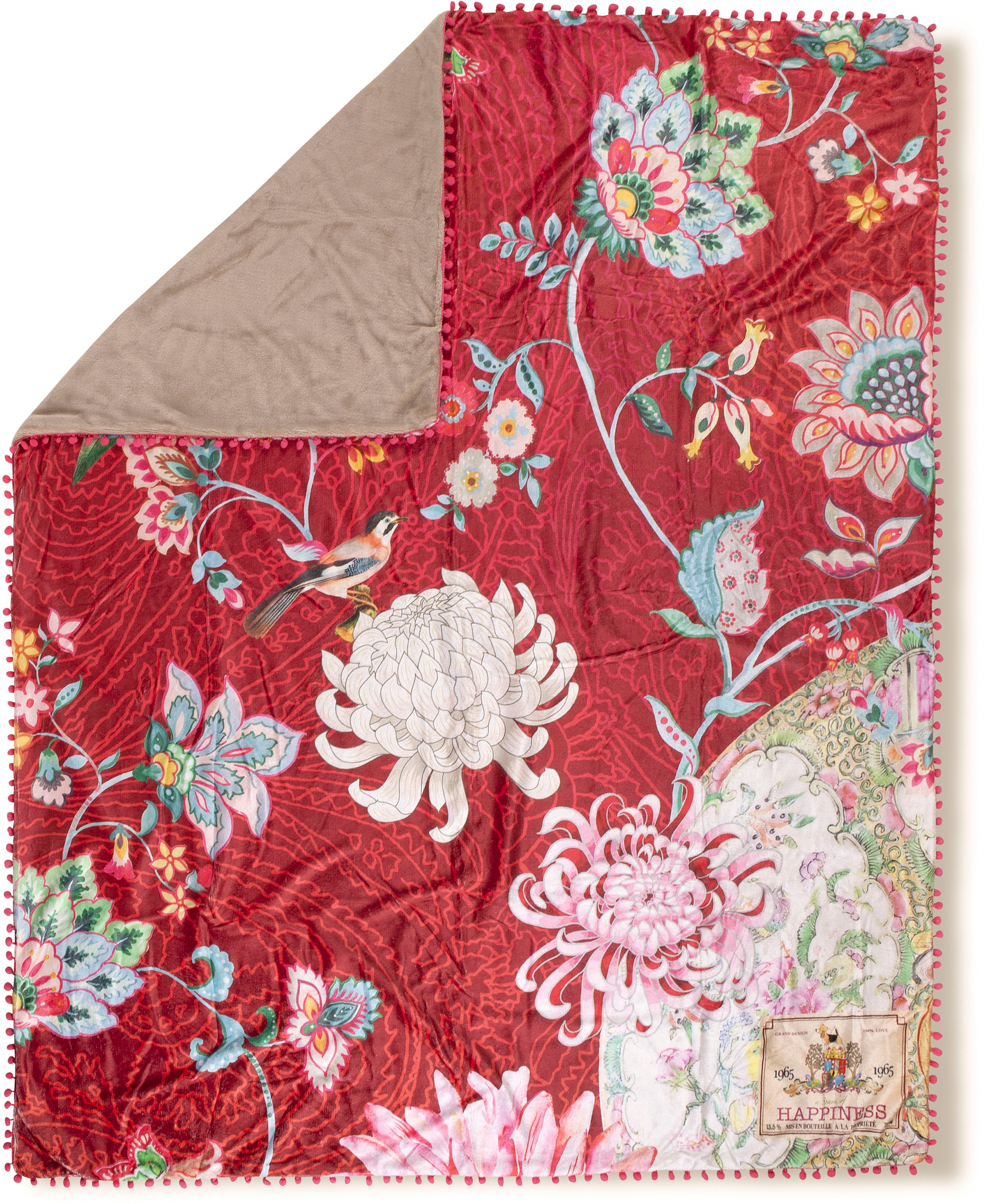 Happiness Plaid »Ming«, Sehr Weich, Kuscheldecke, Mit Pompons, 130x160 cm, Wendeoptik, Blumen