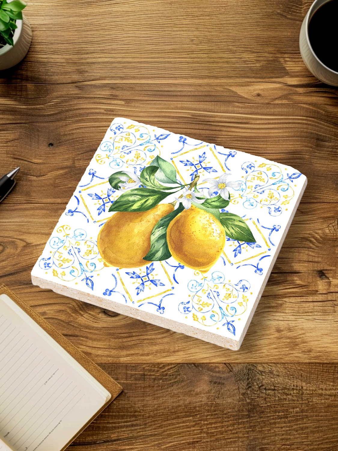 queence Getränkeuntersetzer »Zitronen Mosaik Motiv Fliesen Steine«, (Set, 4 tlg.), Zitronen Set Topfuntersetzer Naturstein Untersetzer 10x10x1cm