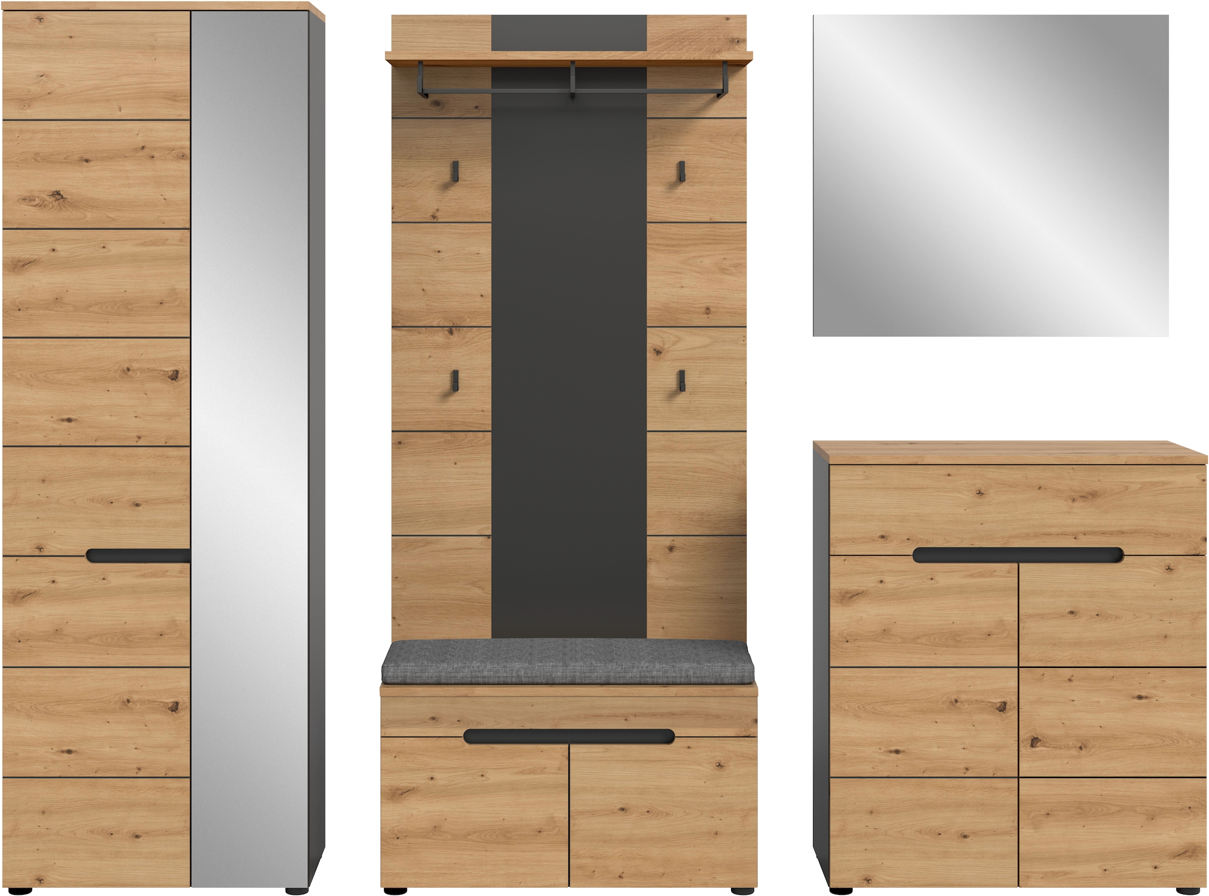 Home affaire Garderoben-Set »REHAT, TOPSELLER!, 5-teilig, Breite 255 cm, individuell erweiterbar« Set, bestehend aus: Schrank, Sitzbank, Sitzkissen, Paneel, Spiegel, Kommode, 6 Stk. tlg.
