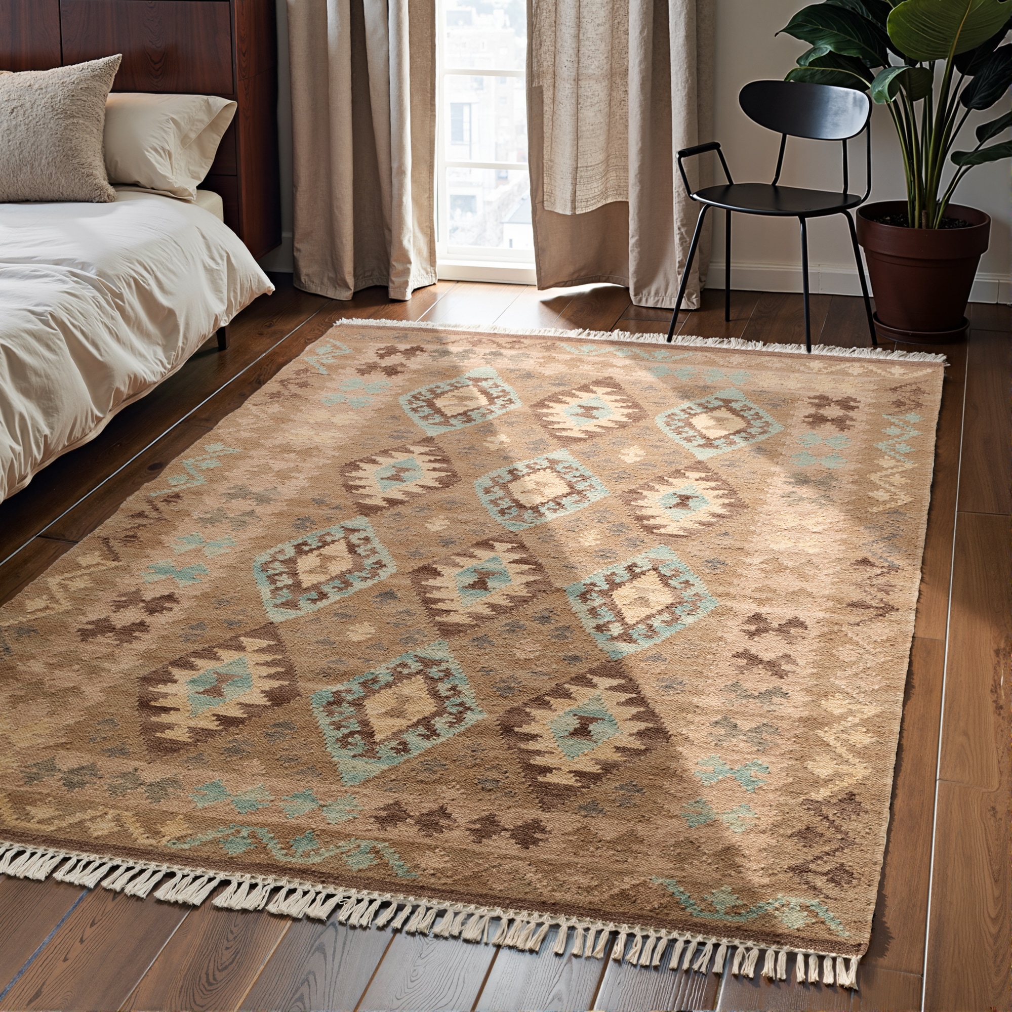 THE RUGS Kamal Afghan Kelim Rug – Handwoven Wool Cotton Reversible 3 mm Pile in Beige | Size: 200cm x 290cm