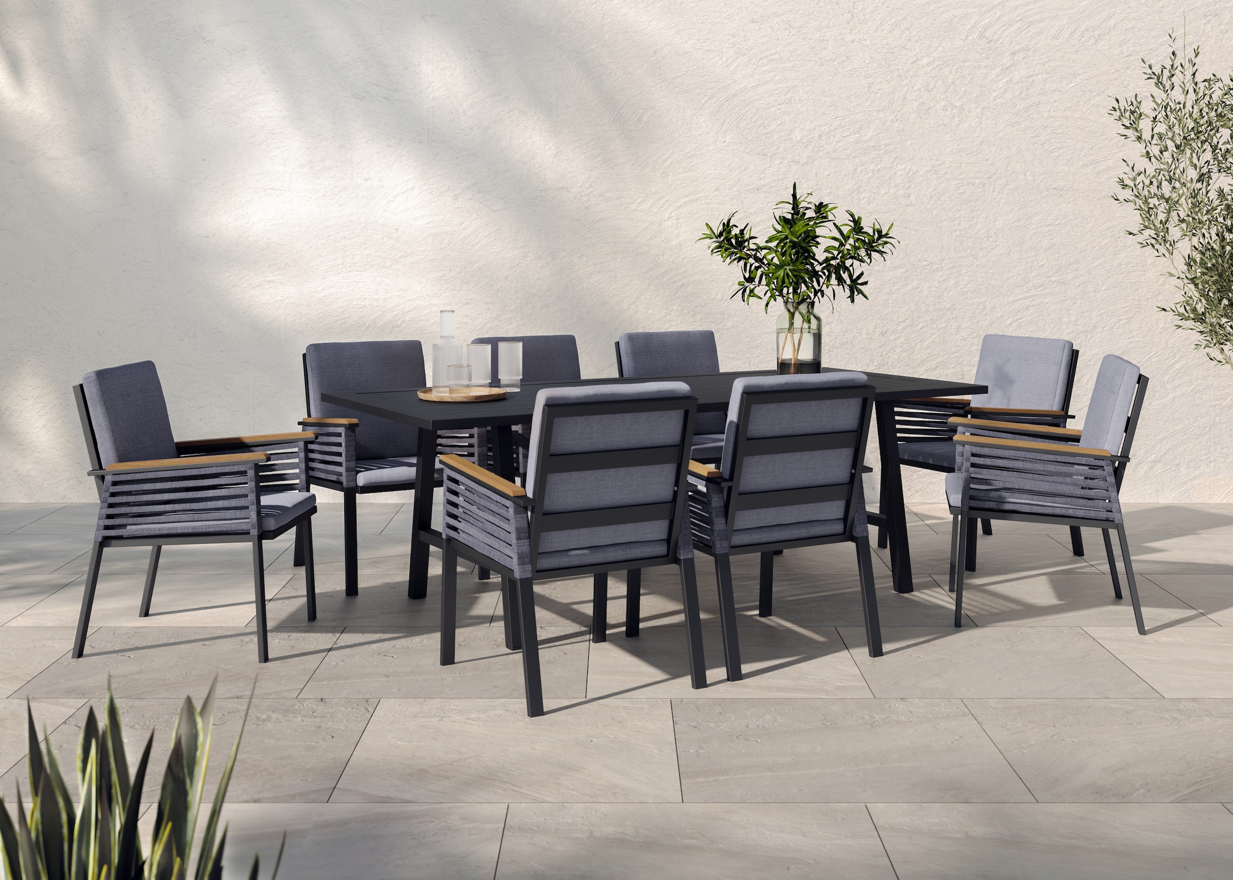 KONIFERA Garten-Essgruppe »Diningset »Edessa«« Set, 8 Sessel, Tisch 97x220x74cm, inkl. Auflagen, 25 Stk. tlg. Armlehne mit Seilgeflecht und Nonwood-Latten
