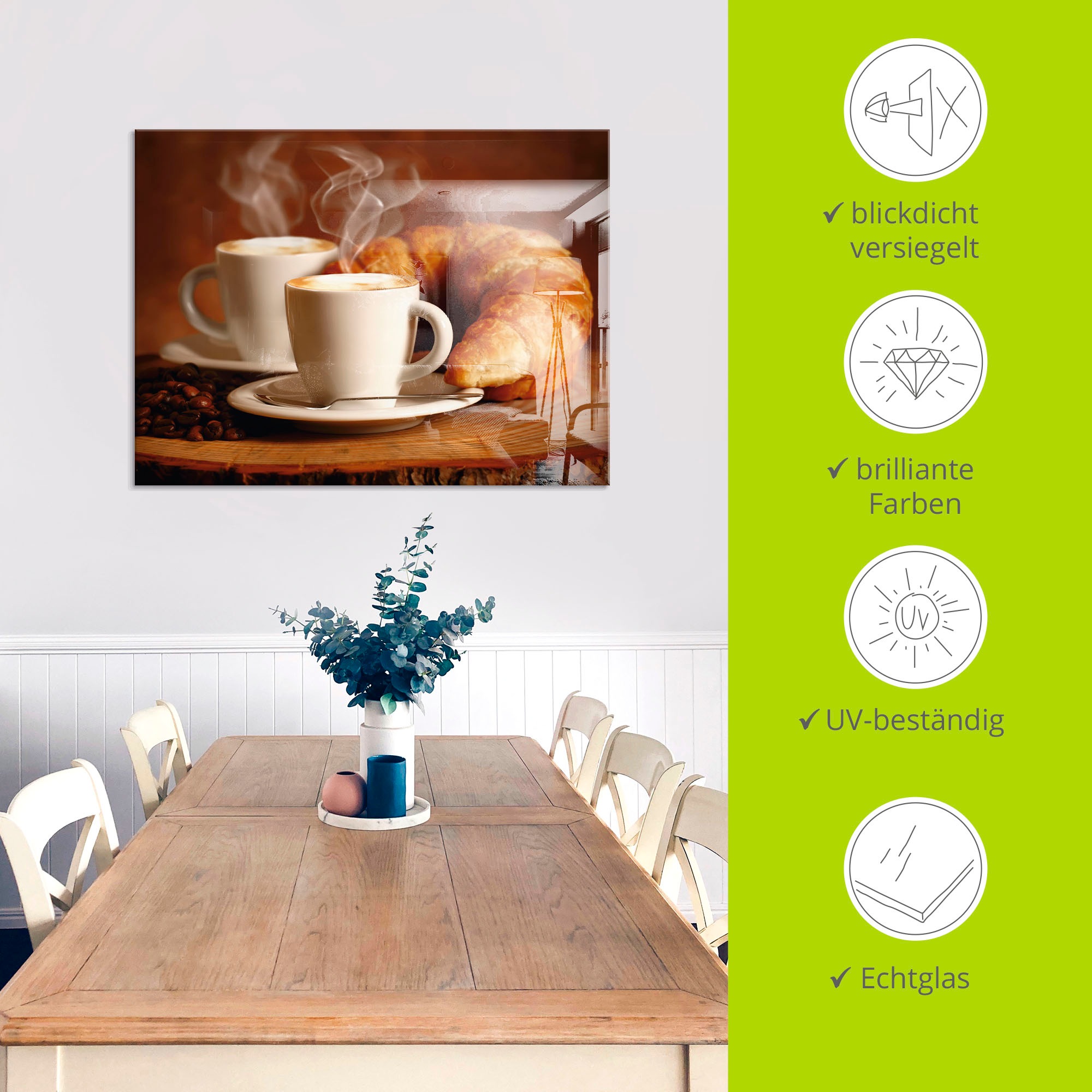 Artland Glasbild »Dampfender Cappuccino und Croissant« Getränke 1 Stk. tlg. in verschiedenen Größen