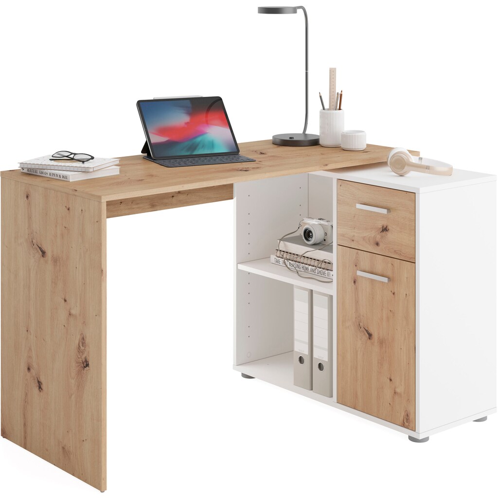 FMD Eckschreibtisch »AUGSBURG«, Schreibtisch / Sideboard mit Stauraum, drehbar, Breite 117/148 cm