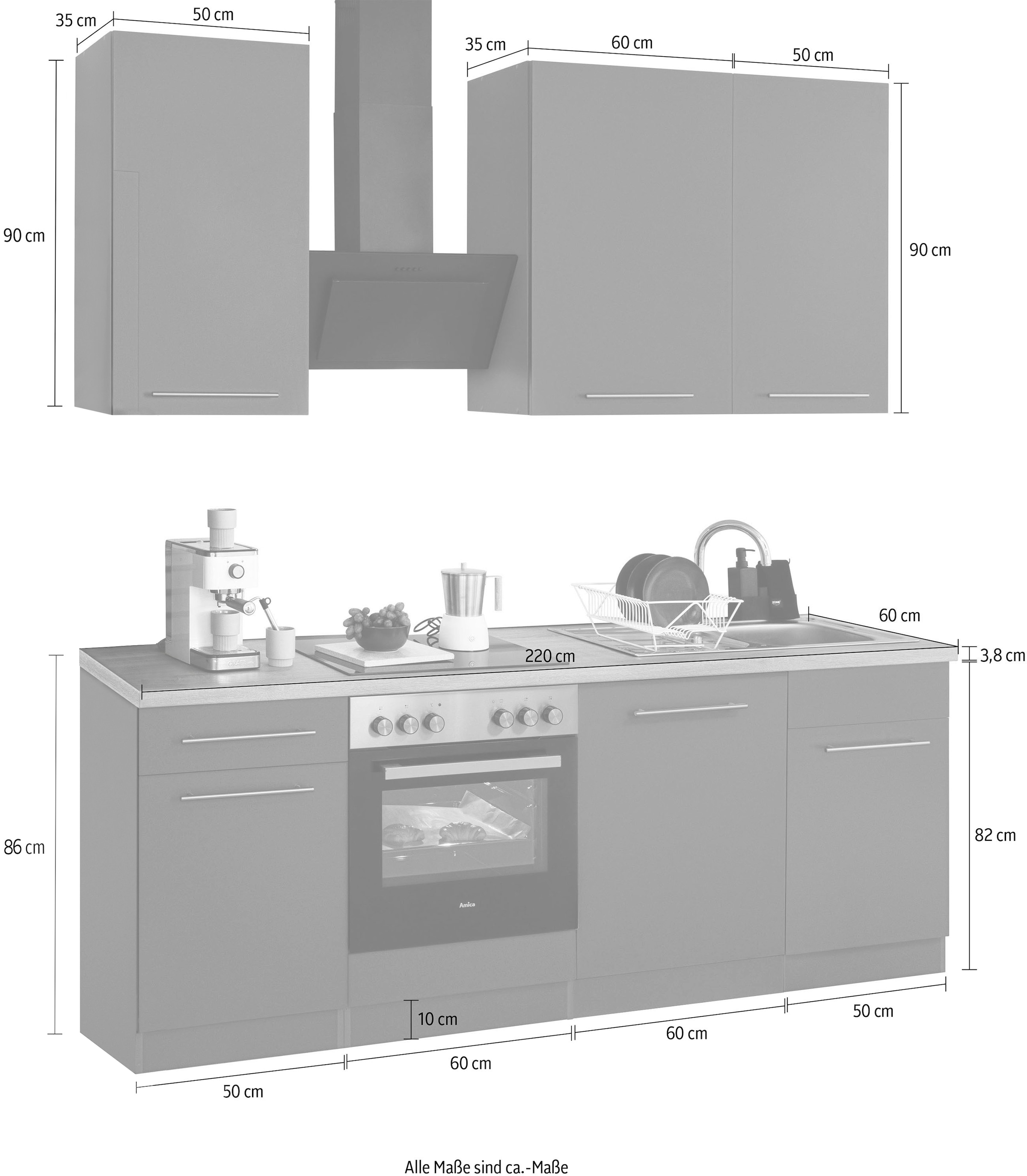 wiho Küchen Küchenzeile »Unna«, ohne E-Geräte, Breite 220 cm