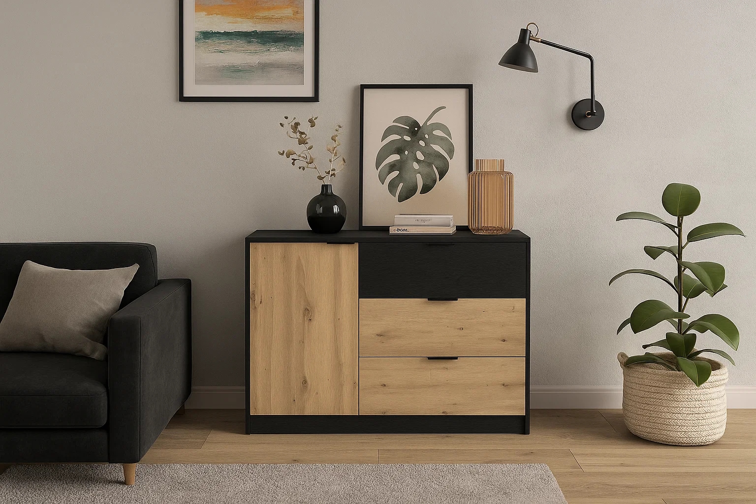 Home affaire Kommode »PERY Sideboard mit 3 Schubladen und 3 Fächer, Maße B/T/H: 125/36/79 cm« Moderner Schubladenschrank mit viel Stauraum und schwarzen Griffen
