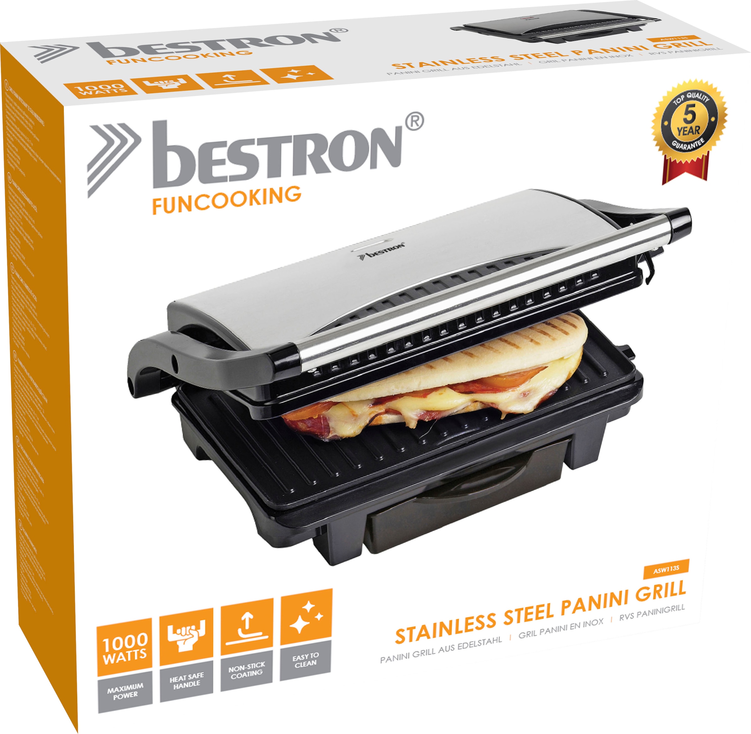 bestron Kontaktgrill »ASW113S Sandwich-/Panini-Kontaktgrill«, 1000 W, antihaftbeschichtet, mit Auffangschale, Schwarz