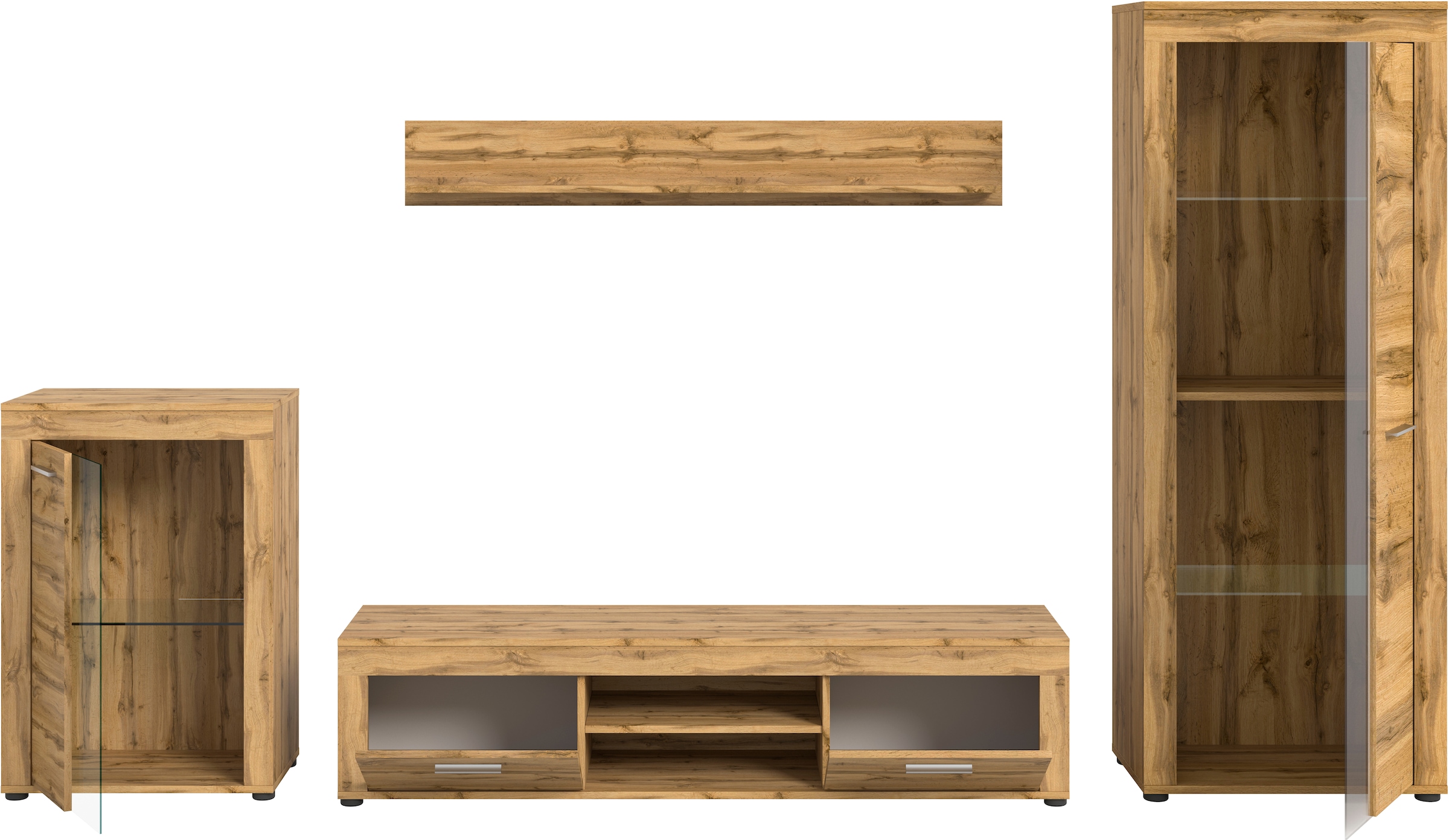 INOSIGN Wohnwand »Aosta, 4-tlg., best. aus: Vitrine, Lowboard, Wandboard & Vitrine hoch«, (4 St.), Wohnwand, Kombination, Anbauwand, Möbel Set, Schrankwand, Möbel Kombi