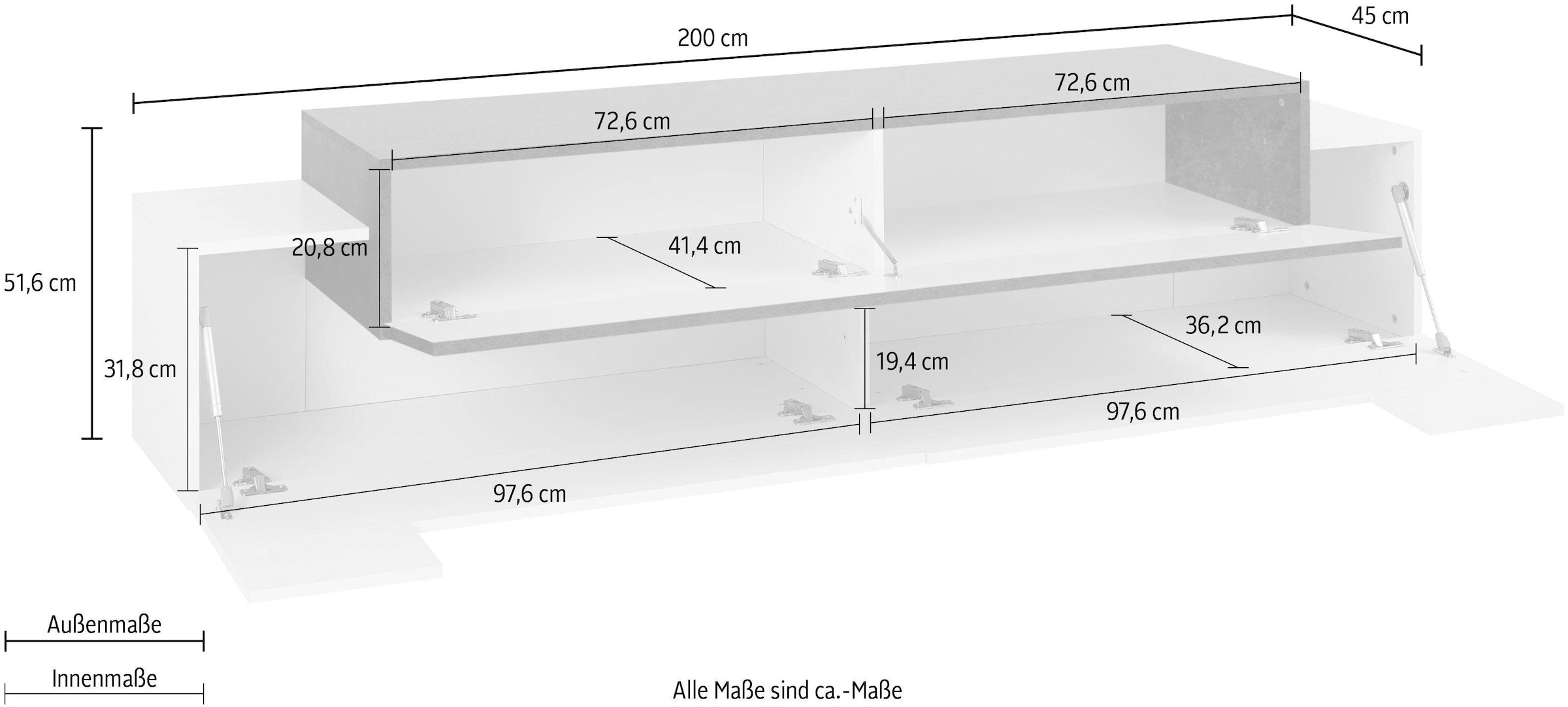 INOSIGN Lowboard »Coro,Lowboard,TV-Kommode,TV-Möbel,TV-Bank«, mit 3 Klappen davon 2 mit Push-to-Open Funktion Breite 200 cm