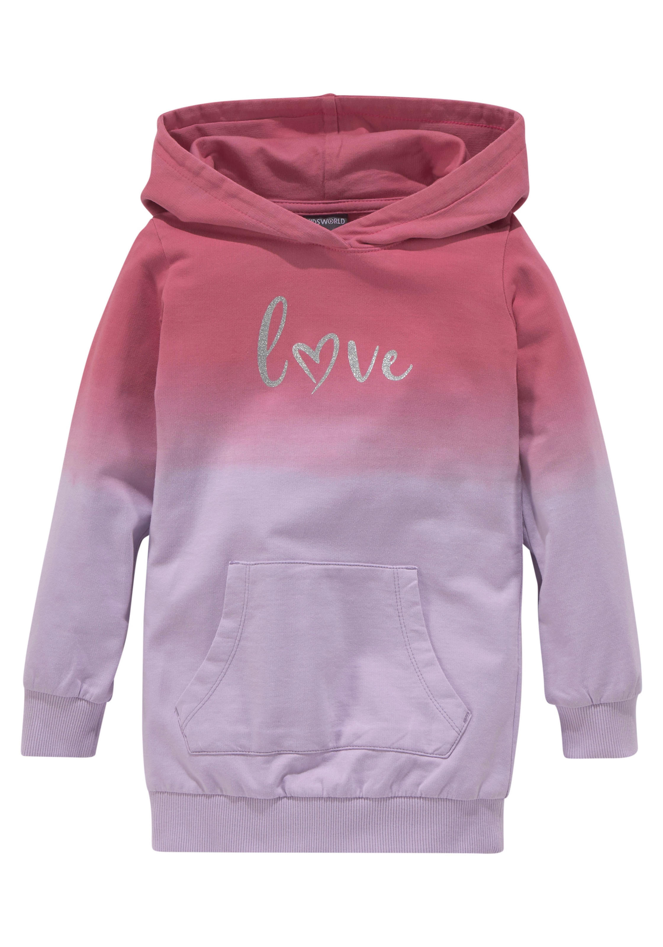 KIDSWORLD Kapuzensweatshirt », Longsweatshirt mit LOVE print«, Langarm, po-bedeckend, mit Glitzerdruck, aus Baumwolle