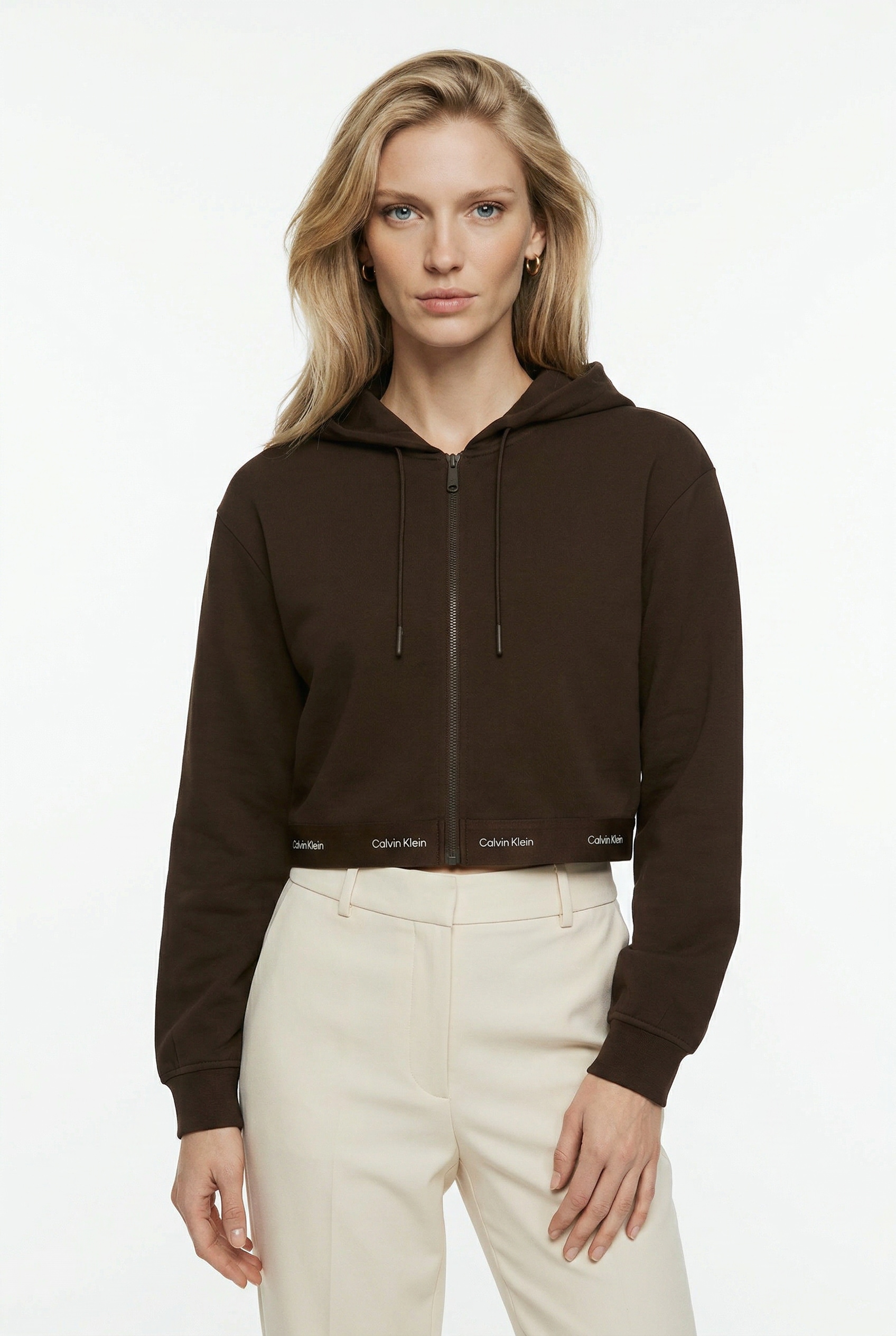 Calvin Klein Jeans Kapuzensweatjacke »LOGO WAIST CROPPED« mit Kapuze, kurze From, Logoschriftzug am Bund