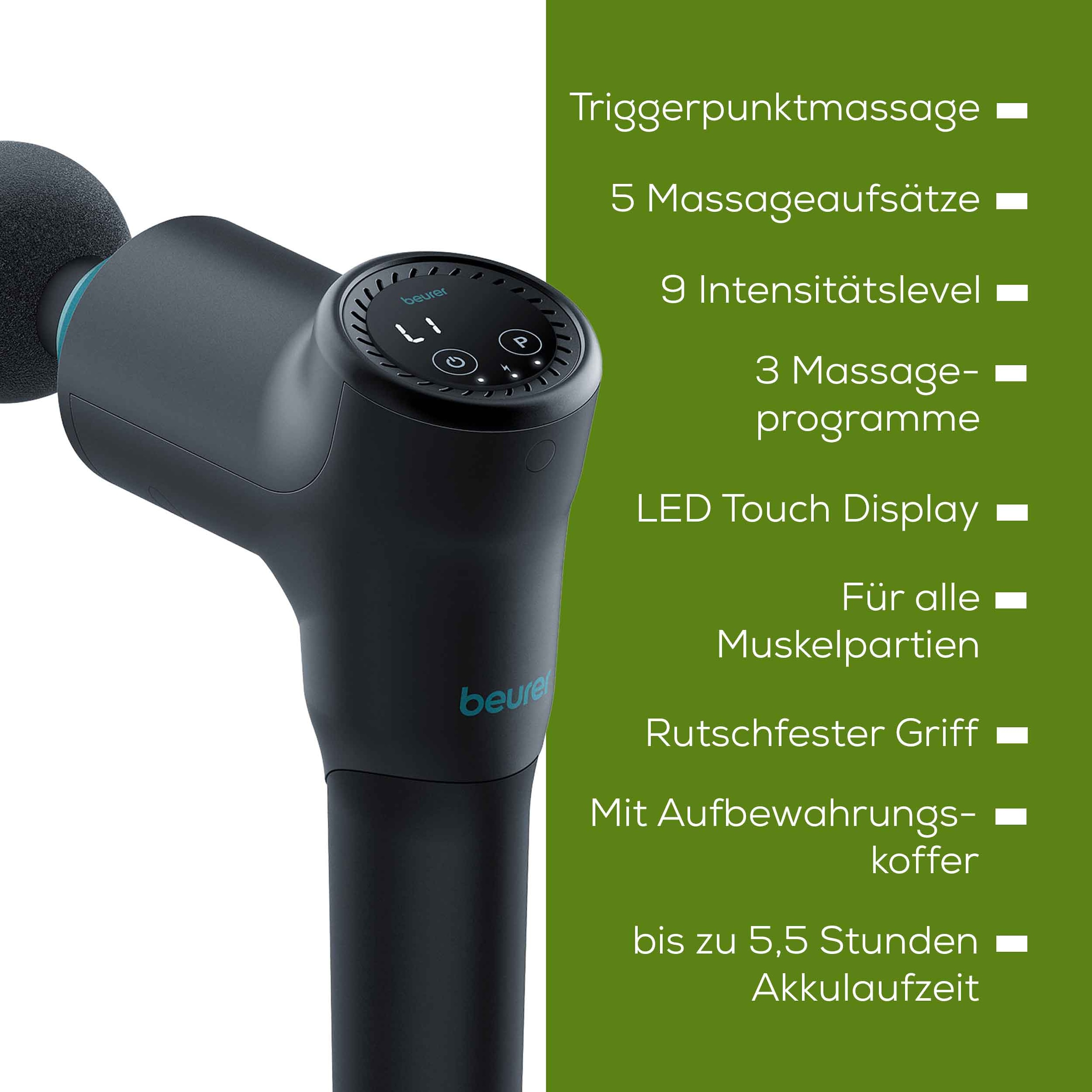 BEURER Massagegerät »MG 185 für kraftvolle und wohltuende Triggerpunktmassagen«, Mit 9 Intensitätsstufen und 5 Massageaufsätzen