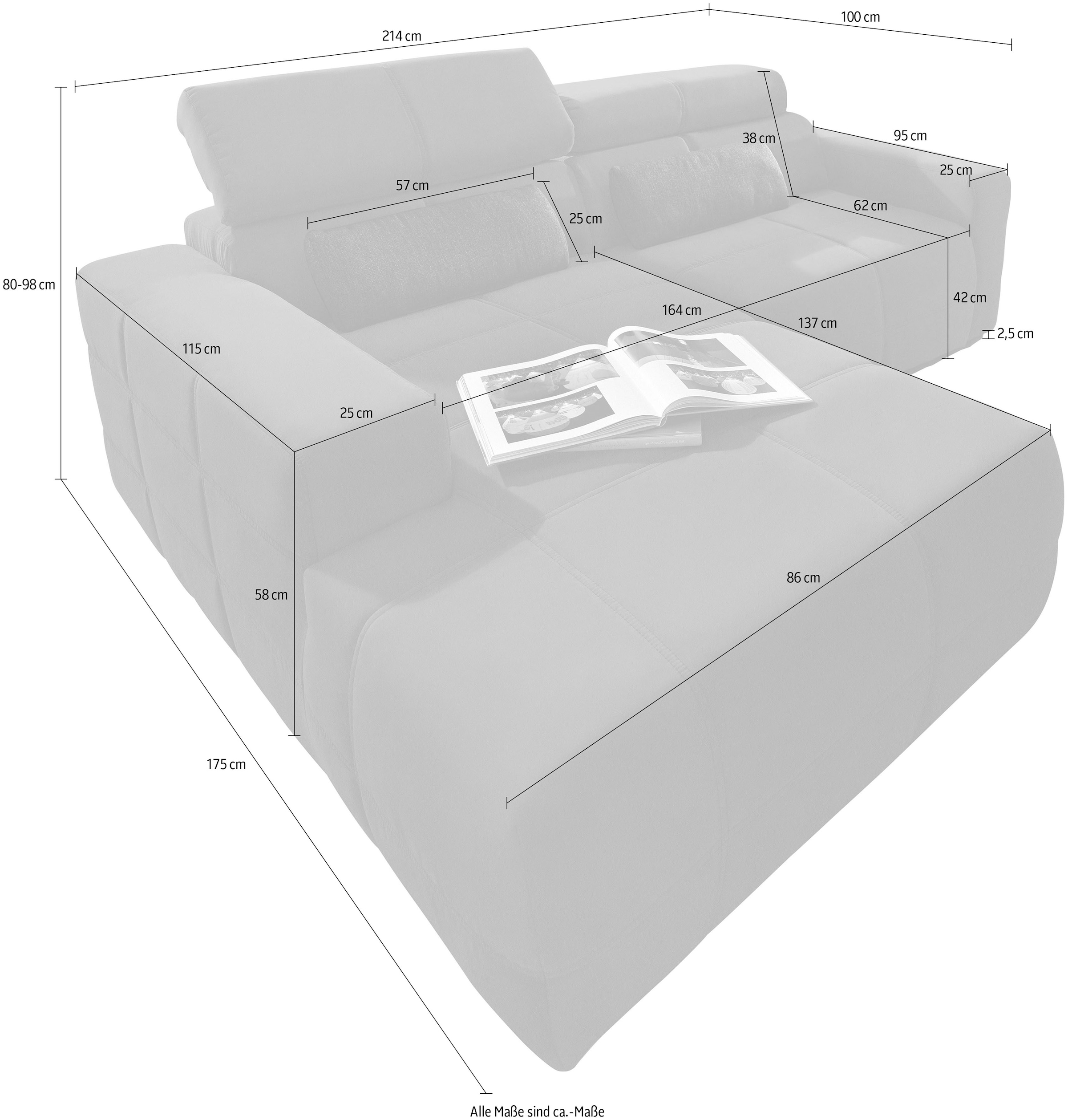 DOMO collection Ecksofa »Brandon Sitzbelastung 140 kg, kleine Ausführung B/T/H: 214/100/80 cm«, Mit Kopfteilverstellung, auch in Leder und Cord, L-Form