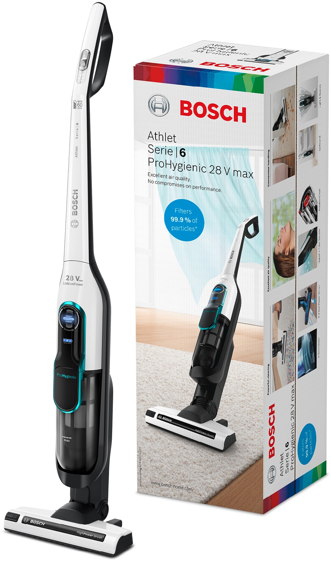 BOSCH Akku-Stielstaubsauger »Athlet BCH86HYG1, 28Vmax, freistehend, Hygiene-Filter, Turbo-Stufe«, ideal für Allergiker, alle Bodenarten, bis 60min Laufzeit, Li-Ion Akku