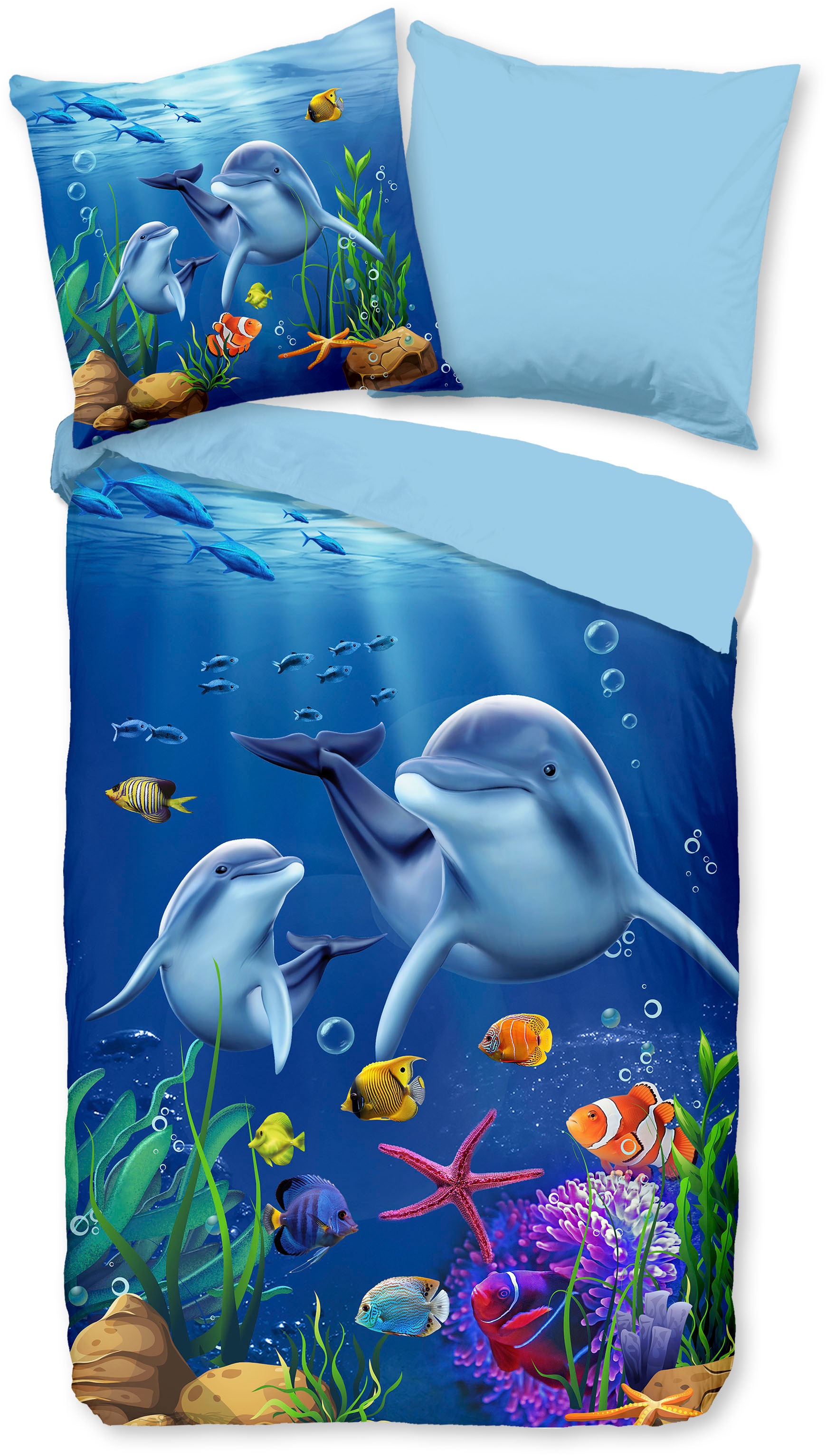 PURE luxury collection Kinderbettwäsche »Mare«, Mikrofaser, 135x200, Pflegeleicht, Wendeoptik, Kind, Delfin Meer, Blau