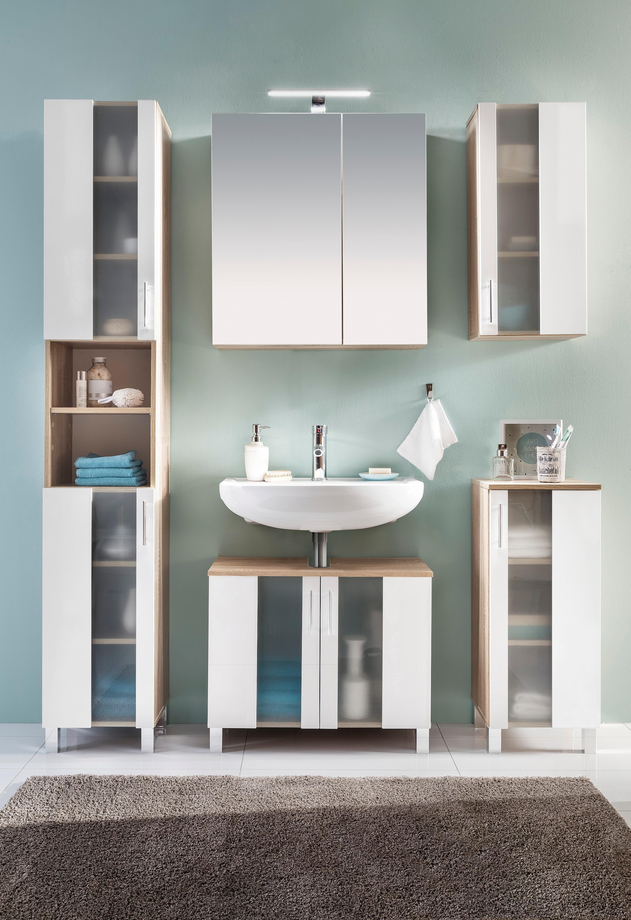 welltime Hochschrank »Padua«, Badschrank Weiß Hochglanz mit satiniertem Glas - (B/T/H) 33/31/191 cm