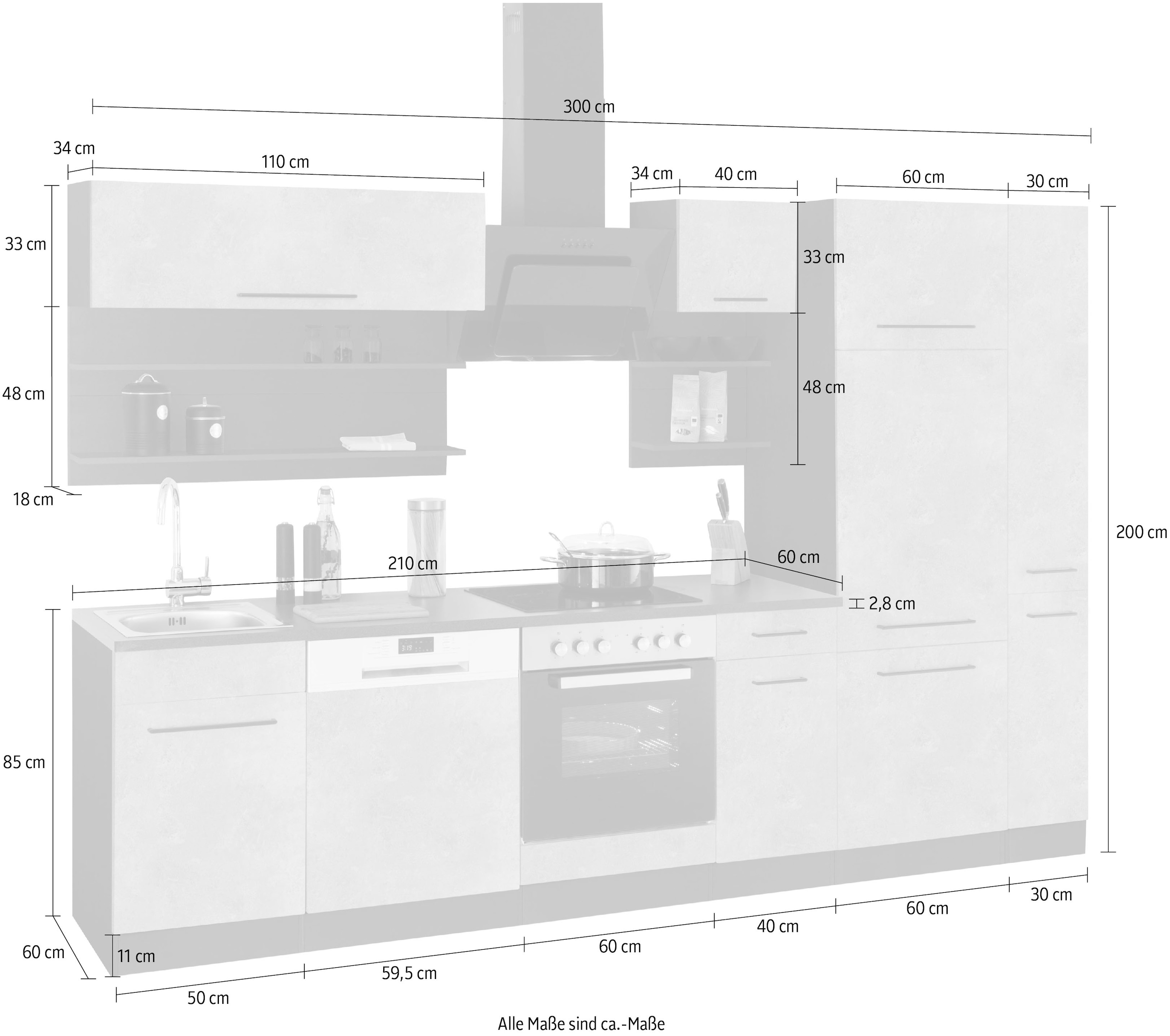 KOCHSTATION Küchenzeile »KS-Tulsa«, mit E-Geräten, Breite 300 cm, schwarze Metallgriffe, MDF Fronten