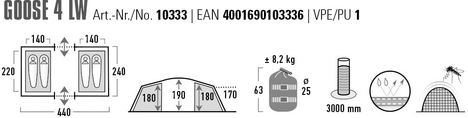 High Peak Tunnelzelt »Goose 4 LW«, 4 St. Personen, Aluminiumgestänge