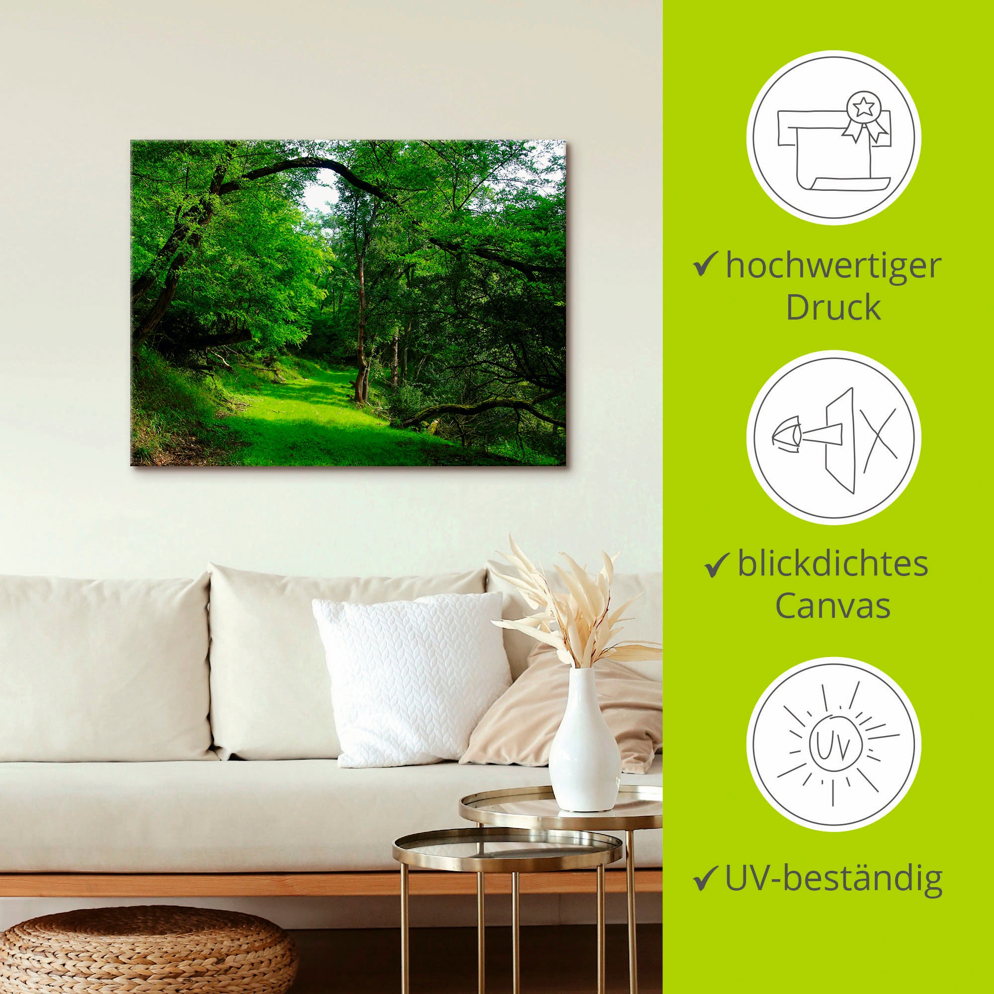 Artland Wandbild »Grüner Weg durch den Wald«, Wald, (1 St.), als Leinwandbild, Poster in verschied. Größen