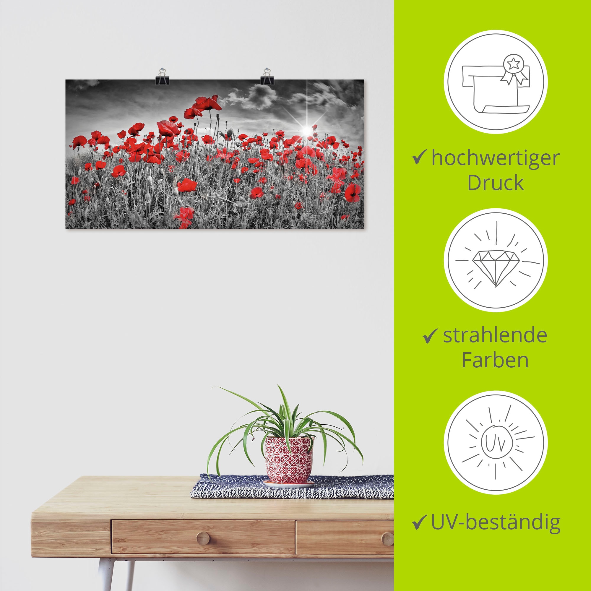 Artland Wandbild »Idyllisches Mohnblumenfeld mit Sonne« Blumen 1 Stk. tlg. als Alubild, Outdoorbild, Leinwandbild, Poster, Wandaufkleber