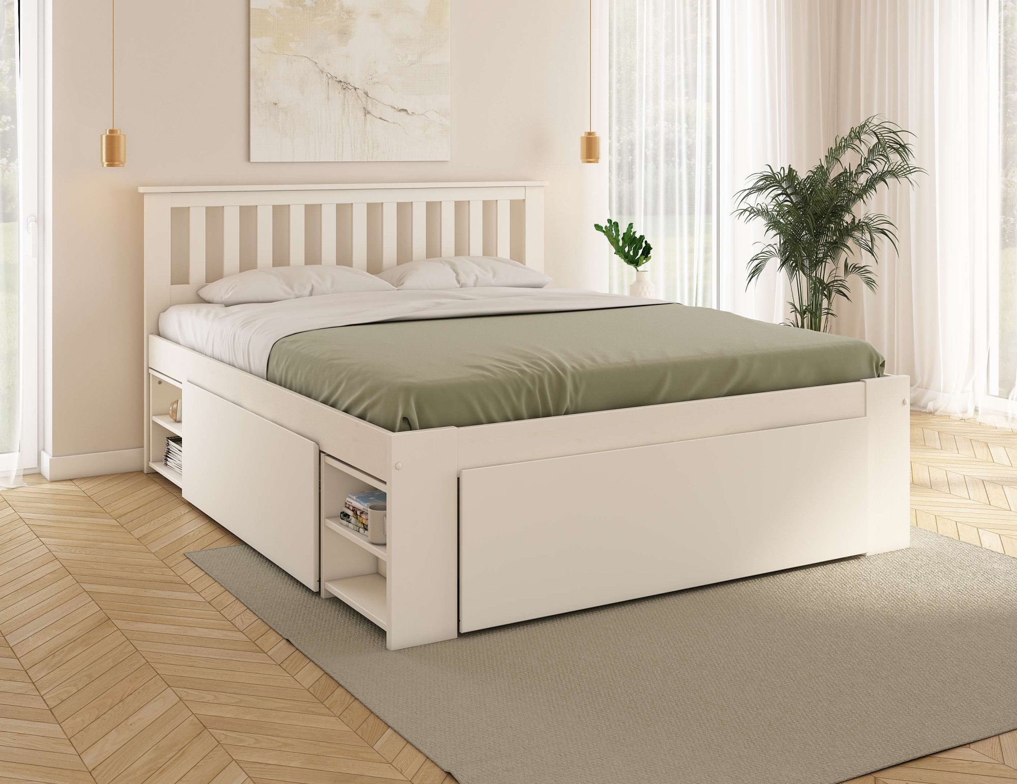 OTTO home Massivholzbett »Kallvin, maximaler Stauraum, 3 Bettkästen, Nachtschränke ausziehbar« inklusive Lattenrost, ideal fürs Jugendzimmer und kleine Räume, FSC®