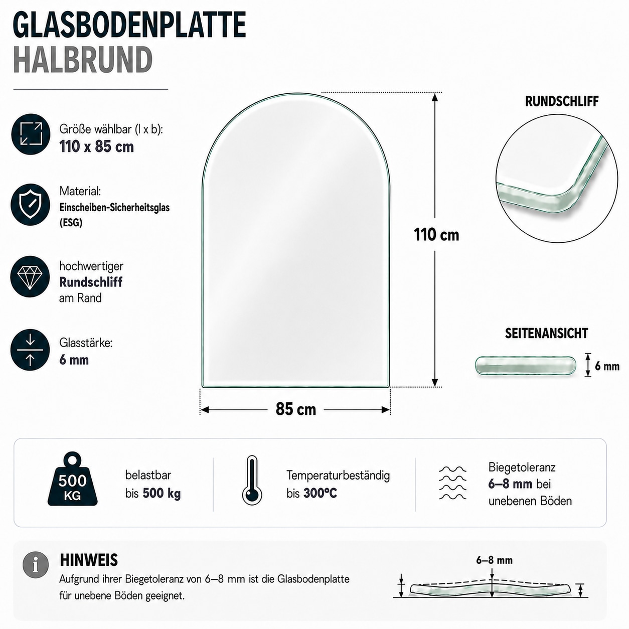 Hanseatic Bodenschutzplatte »Halbrund Glas 85x110x0,6« Funkenschutzplatte