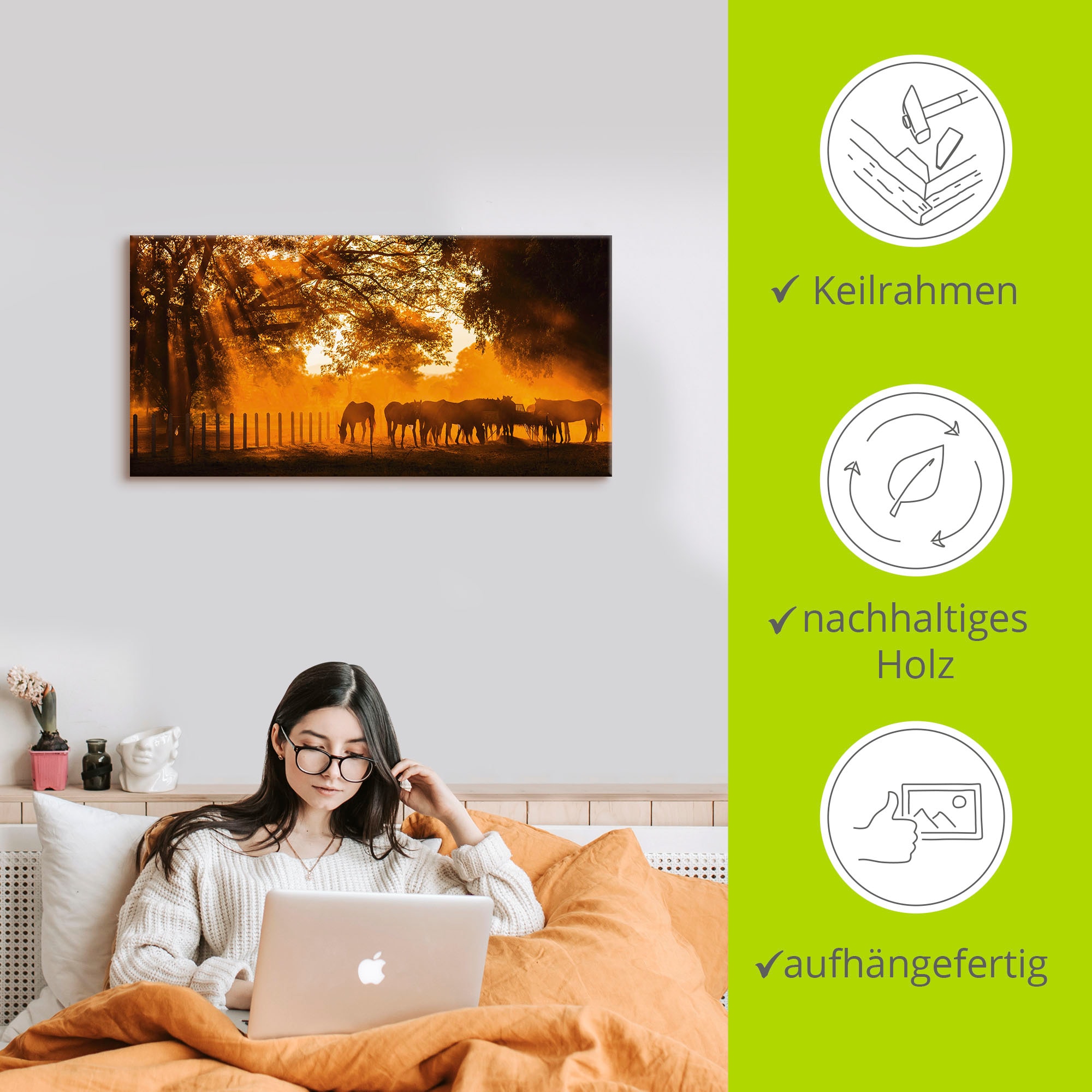 Artland Leinwandbild »Goldenes Licht auf der Pferdewiese« Haustiere 1 Stk. tlg. auf Holzrahmen gespannt