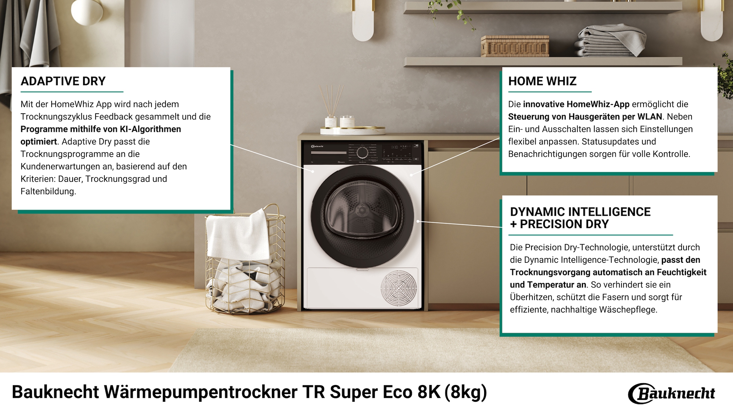 BAUKNECHT Wärmepumpentrockner »TR SUPER ECO 8A« Silent Spin – leises Trocknen dank optimierter Trommelbeschichtung