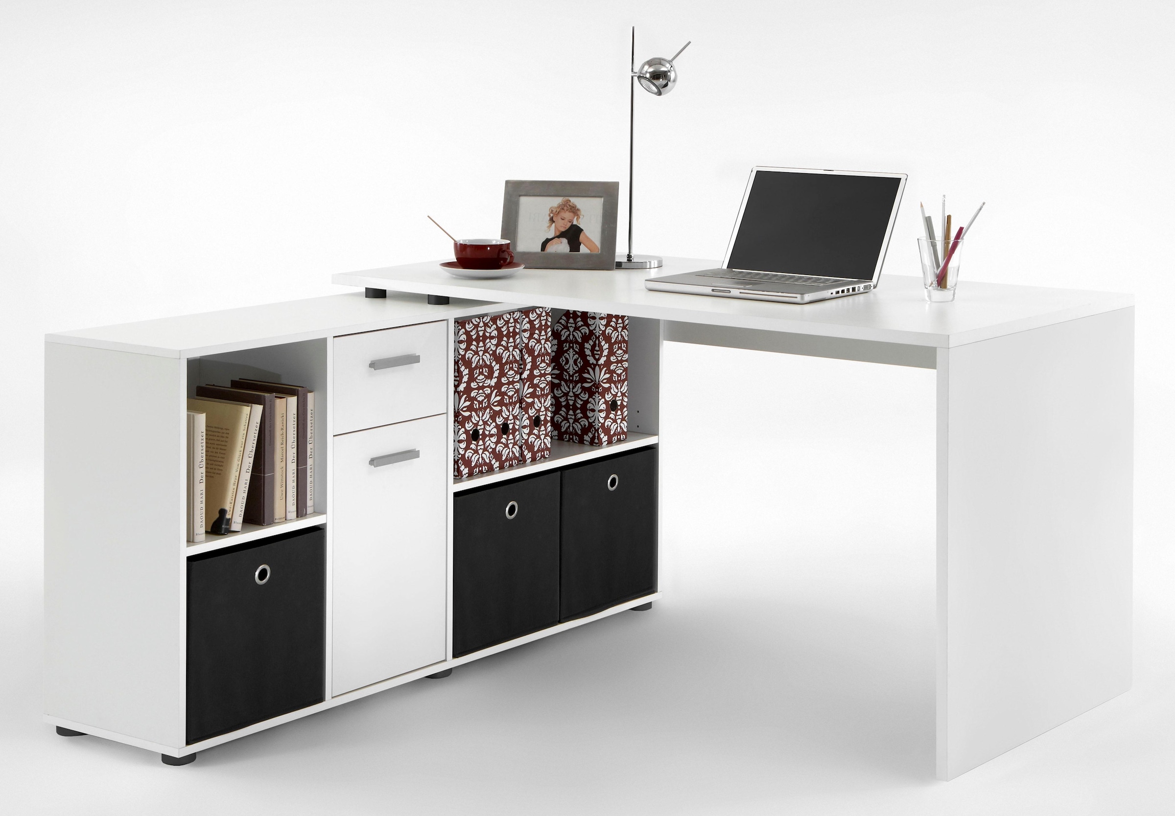FMD Eckschreibtisch »Lexo« Schreibtisch/Sideboard viel Stauraum, beidseitig montierb., 136/205 cm
