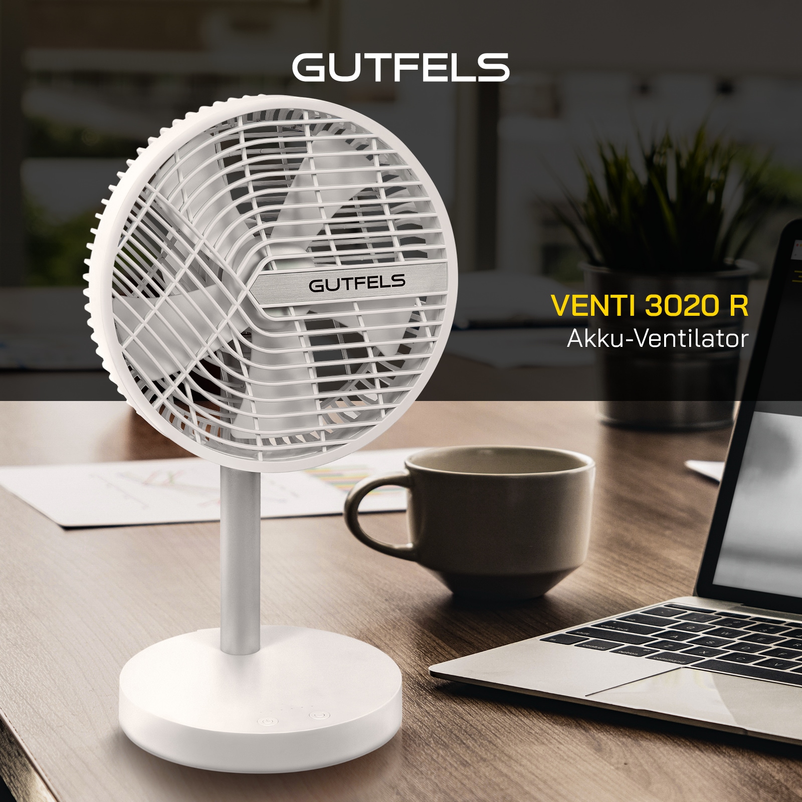 Gutfels Tischventilator »»VENTI 3020 R««, 20 cm Durchmesser, bis zu 10 h Akkulaufzeit, Ø 20 cm, 4 Stufen, leise, modernes Design