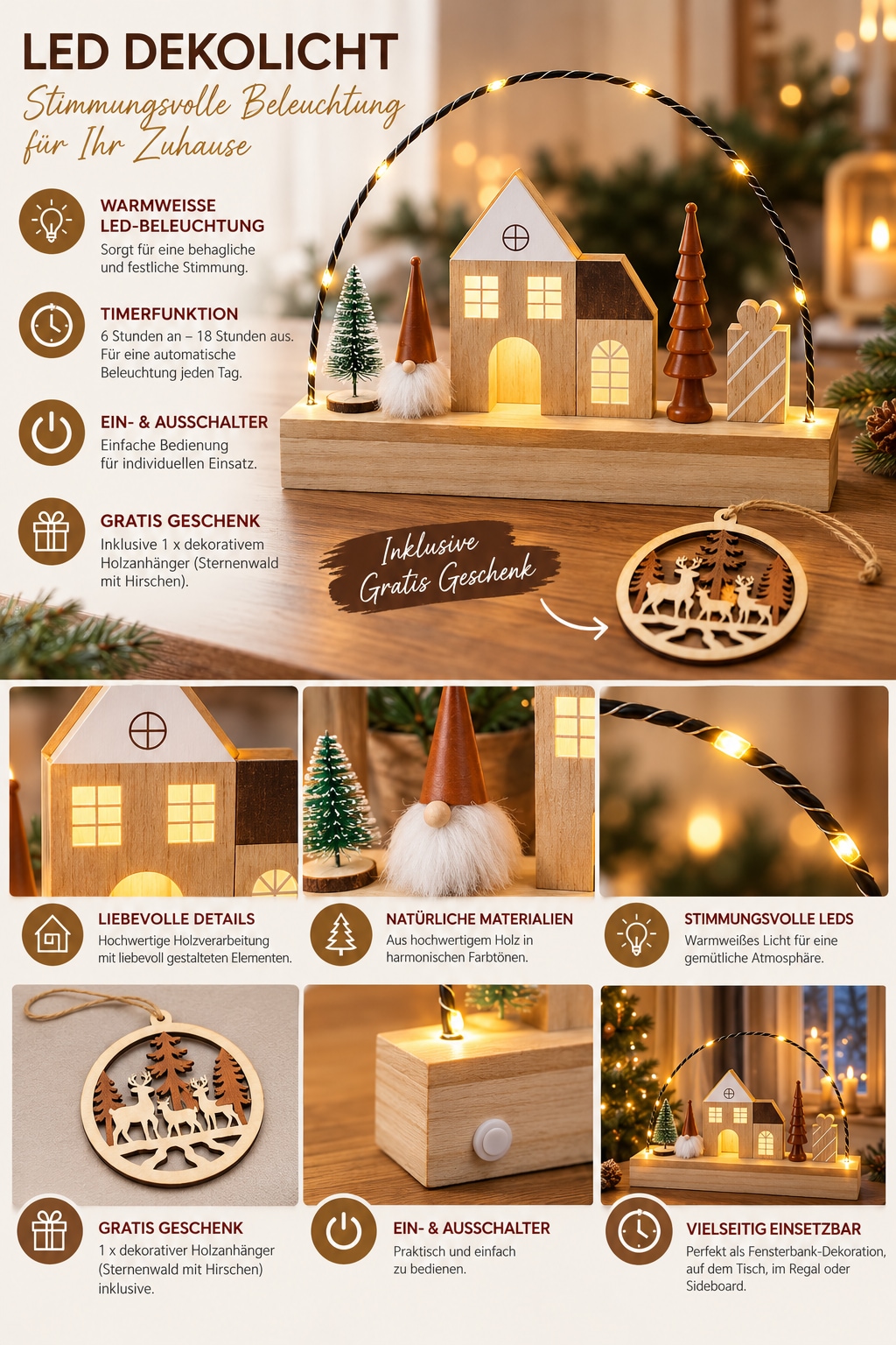 OTTO home LED Dekoobjekt »Holzdekoration, 1 Stück, Timerfunktion, Miniatur-Winterkulisse« 1 Stk. Warmweiß Gratis-Hänger, 6h-Timer, 20 cm Hoch