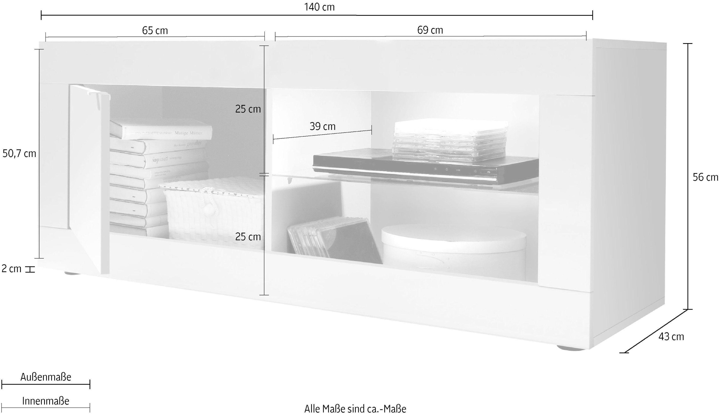 INOSIGN Lowboard »Basic Breite 140 cm, TV-Board 1 Tür, 2 offene Fächer (Glasboden),«, TV-Kommode, Metallgriff, moderne Rahmenoptik, Farbauswahl