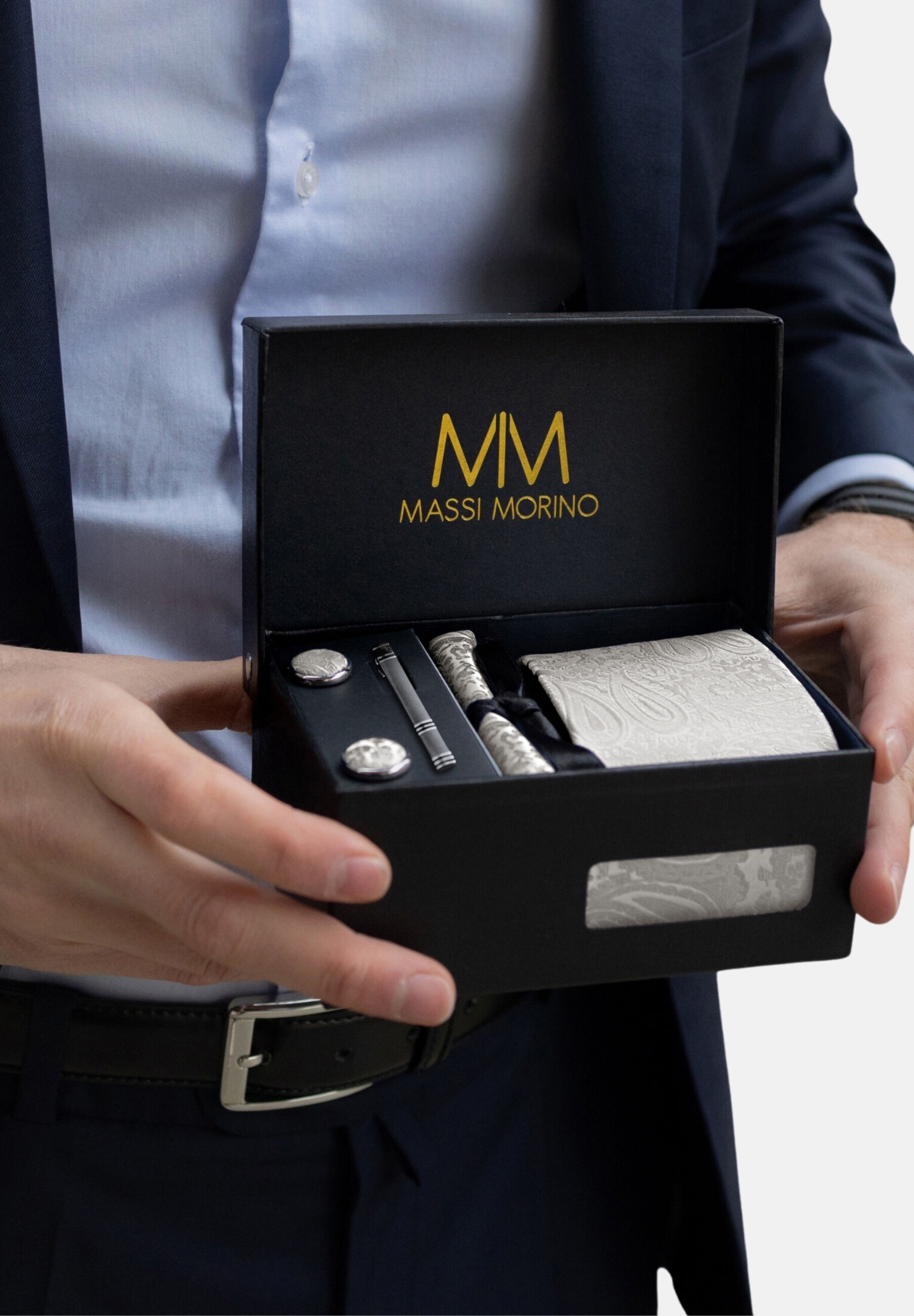 Massi Morino Krawatte »Massi Morino Krawatte-Set« mit Einstecktuch, Manschettenknöpfen und Krawattenklammer