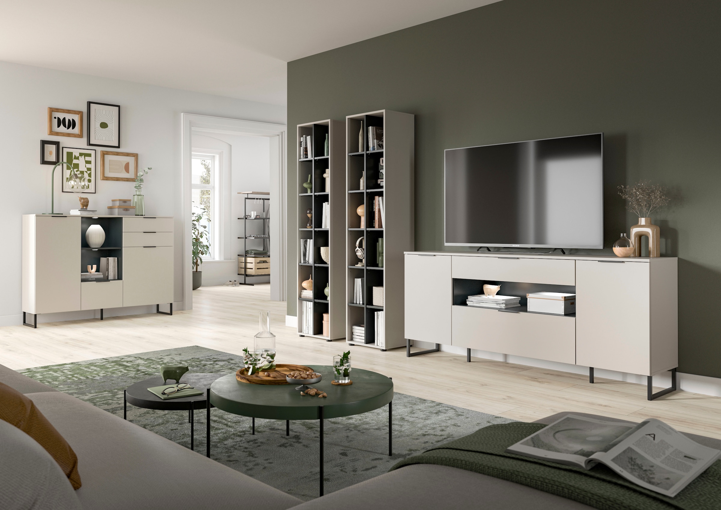 Home affaire Wohnwand »ADIO, Breite 305 cm, 3-teiliges Set, mit Metall-Kufenfüße« Set, bestehend aus: 2x Standregal und Sideboard, 3 Stk. tlg.