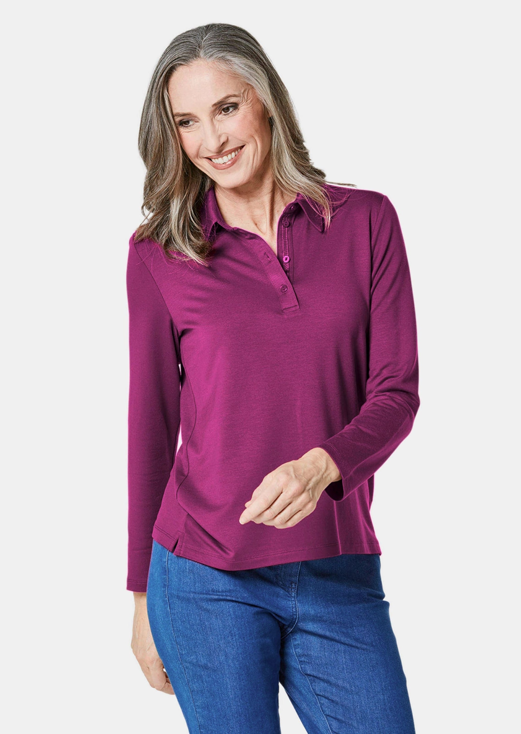 GOLDNER Poloshirt »Poloshirt Langarm Poloshirt mit Schmuckband an Knopfleiste«