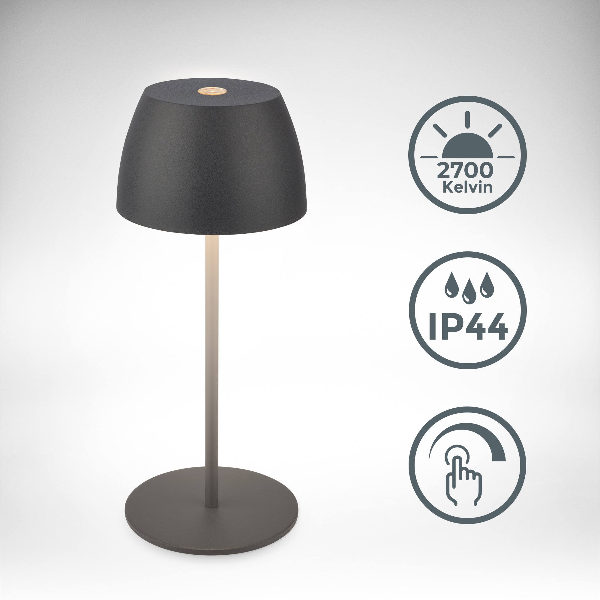 B.K.Licht Außen-Tischleuchte »BK_TL1606 Mini Akku LED Tischlampe, Touchdimmer, mit USB-C« LED-Modul 1 Stk. Extra-Warmweiß 2.700 K, 150Lm, 2,5W, Akku wechselbar, max. 24h Leuchtdauer, Anthrazit