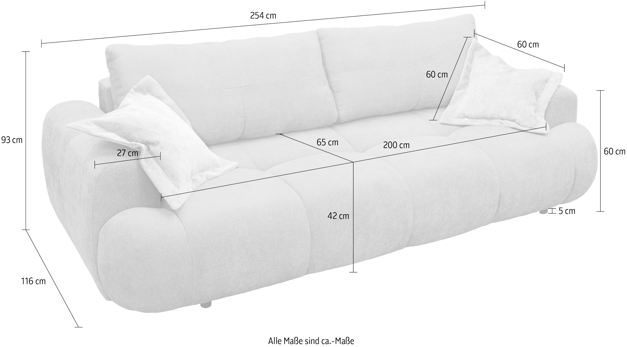 exxpo - sofa fashion 3-Sitzer »Alessano, 254 cm breit, modern & gemütlich« Verlässliche Qualität, inkl.Bettfunktion, Bettkasten, 2x Plaidskissen